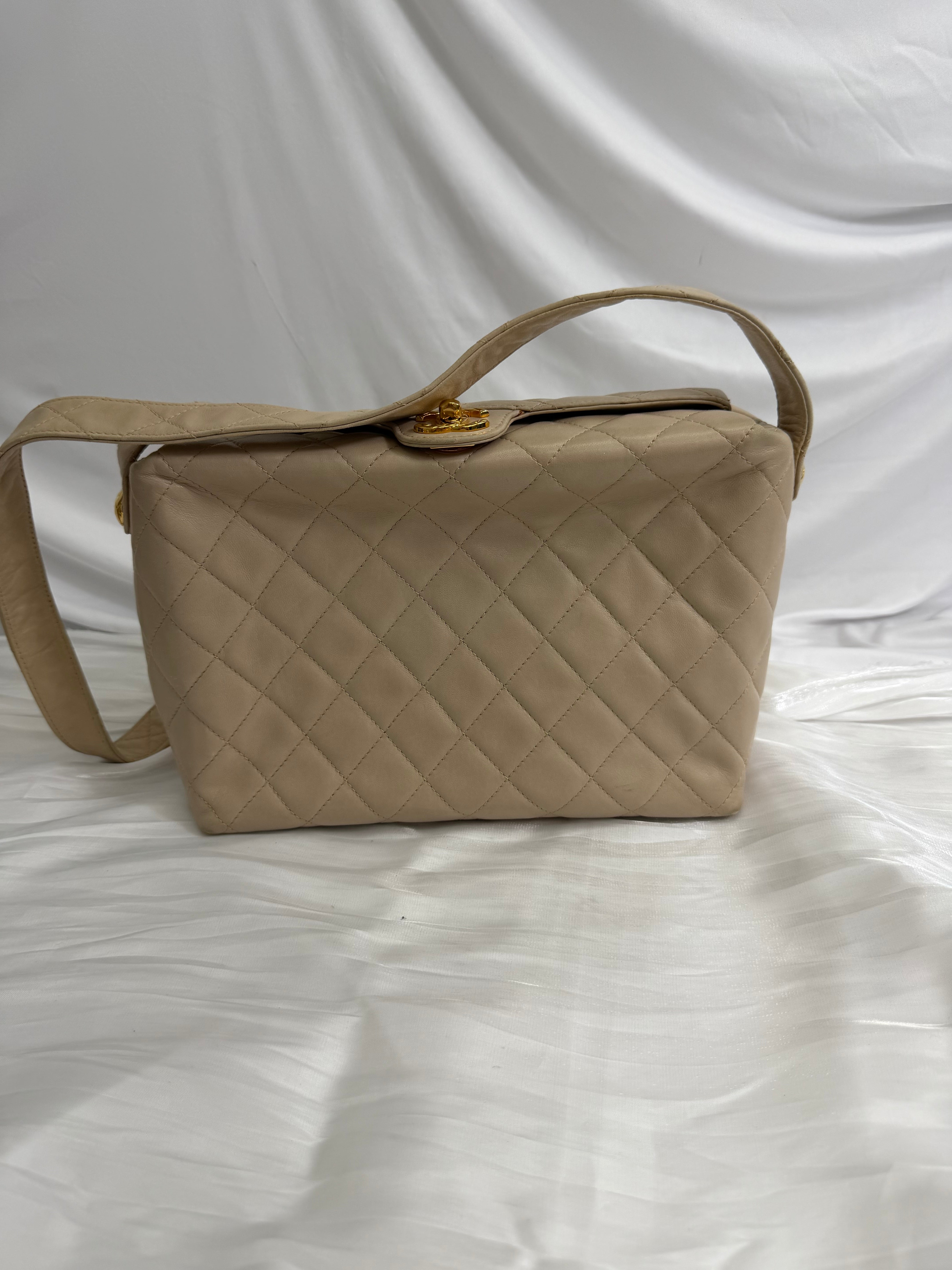 Chanel Beige Quilted Calfskin Top Turn Lock Bag