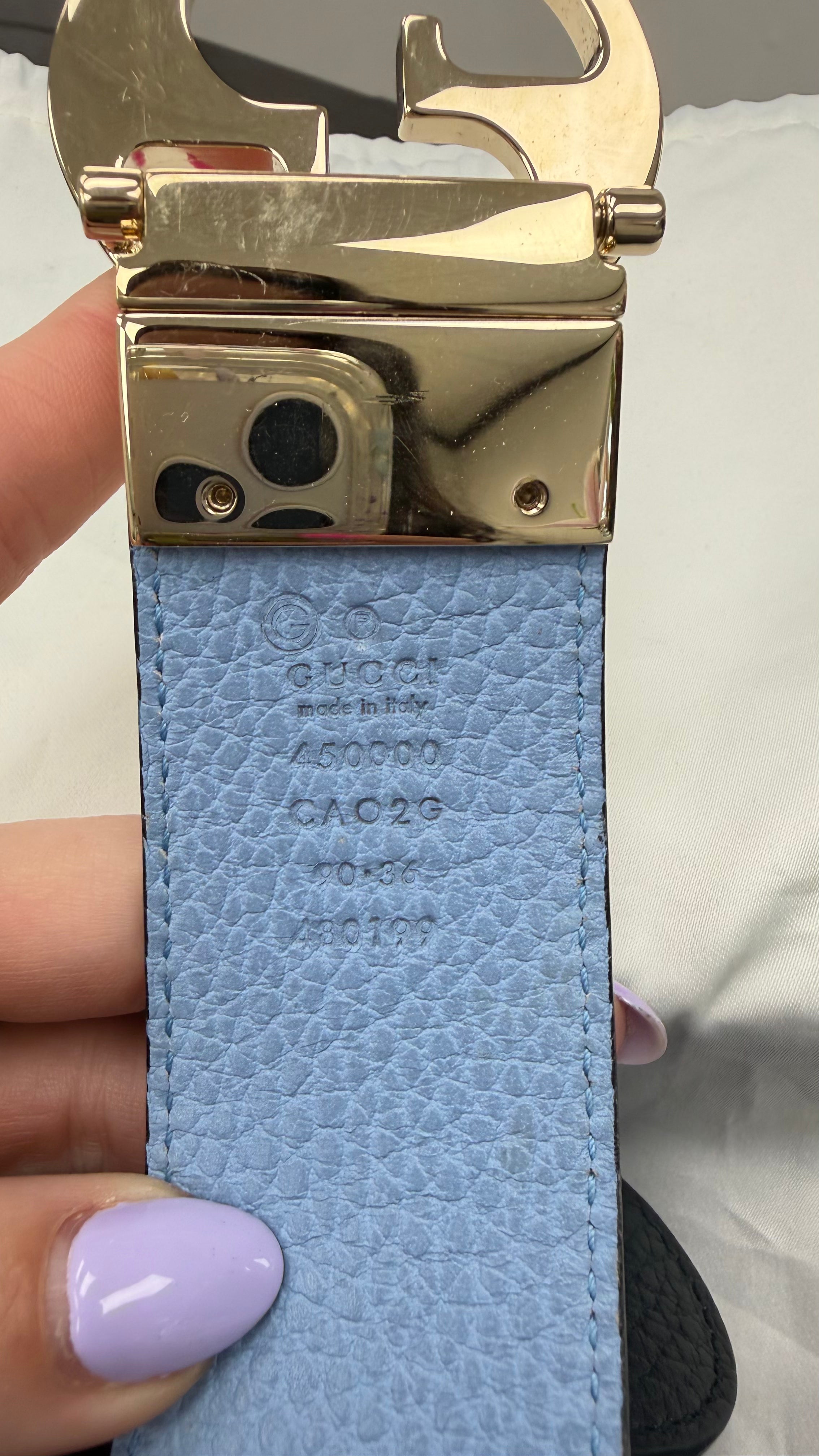 Gucci Black And Blue Grained Calfskin Leather Belt Size 90/36