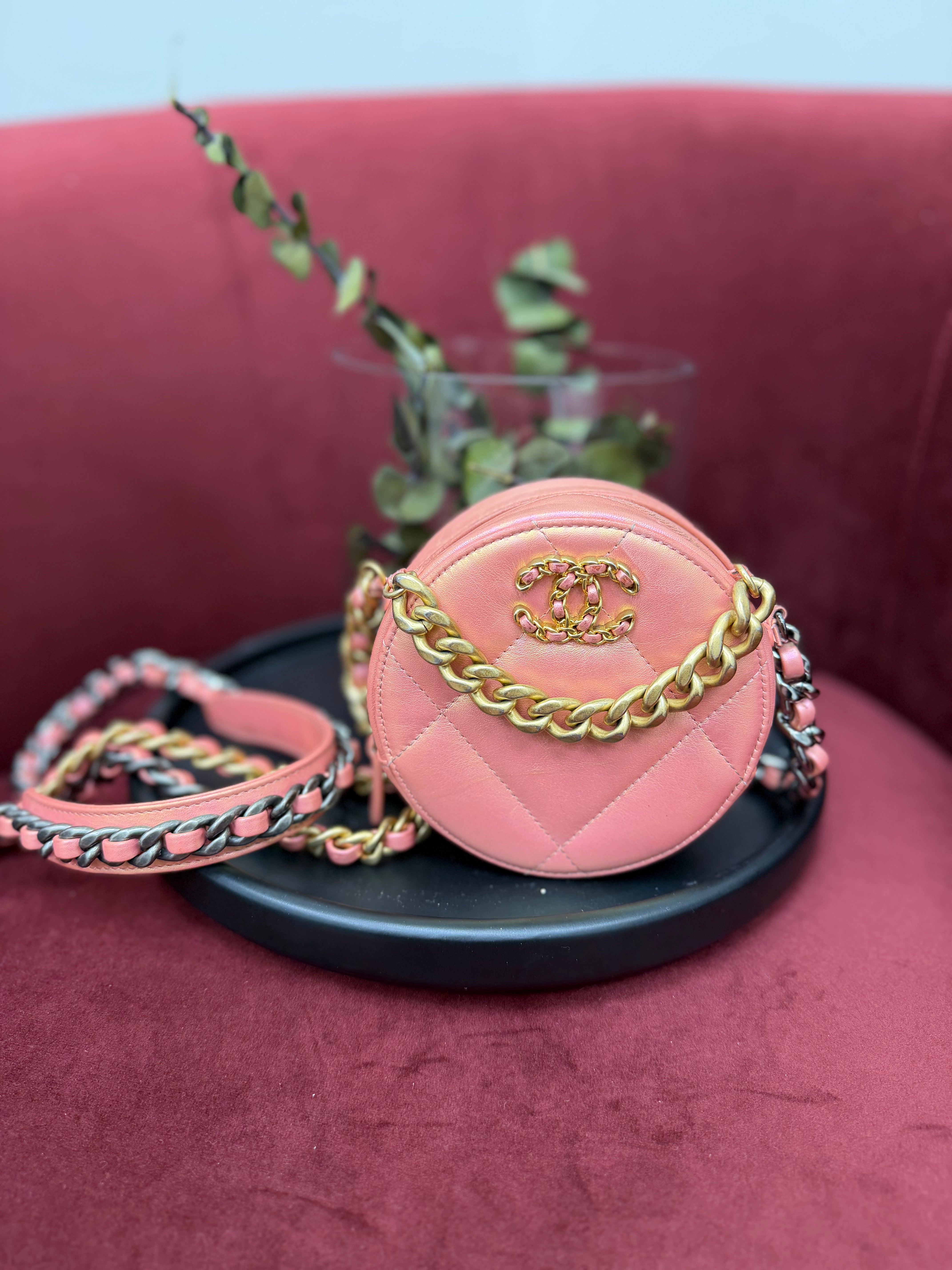 Chanel Pink Iridescent Chanel 19 Round Clutch on a Chain