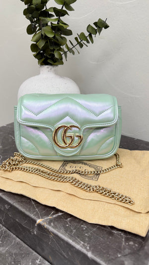 *DONS DROP* Gucci Iridescent Green Nappa Leather Super Mini Marmont Flap Bag