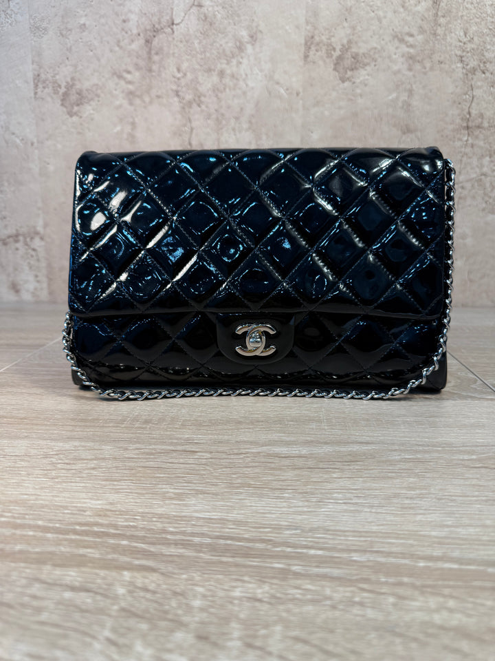 Chanel Black Quilted Patent Leather Medium Timeless Clutch Chain Shoulder Bag