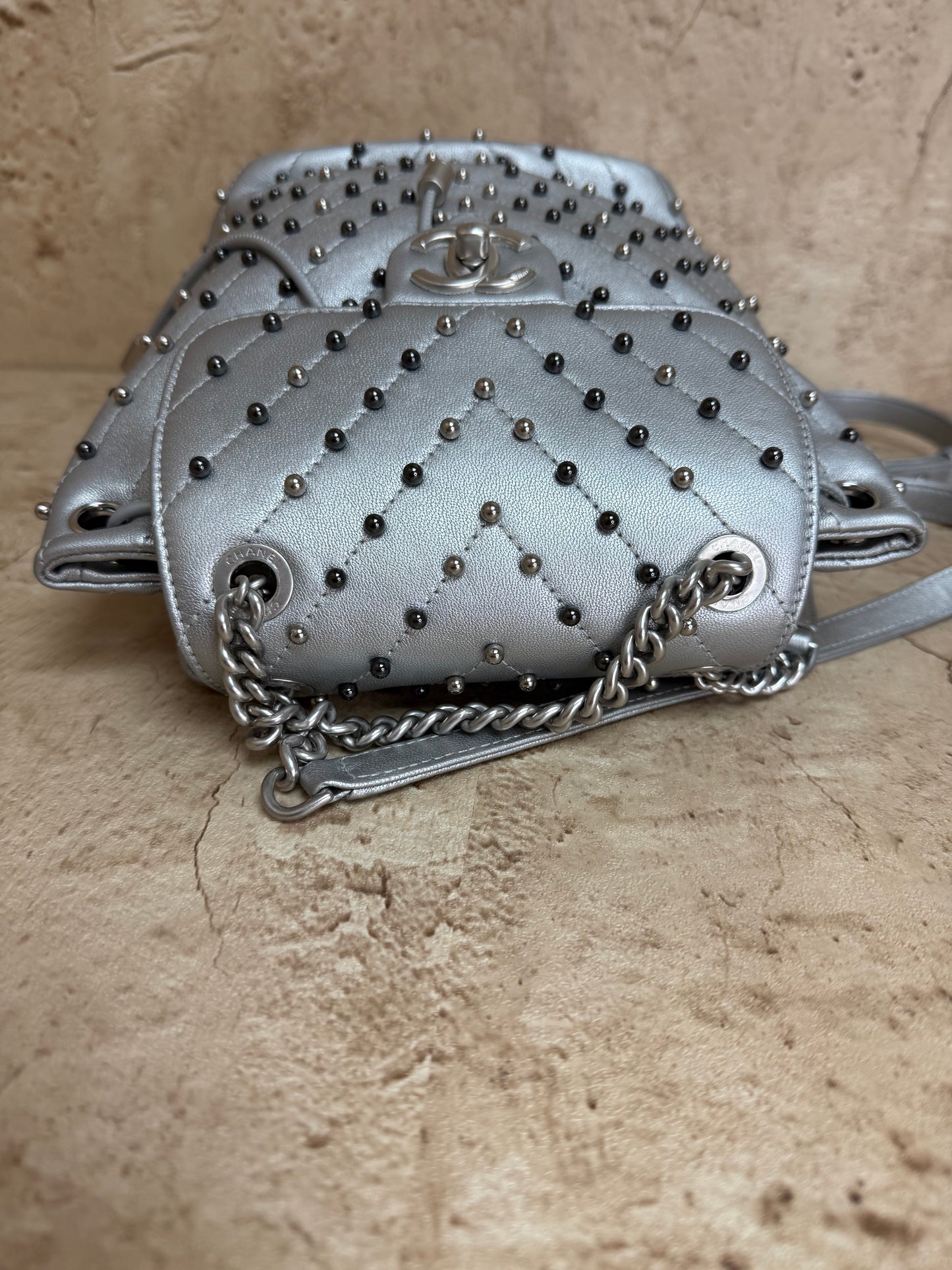 Chanel Silver Metallic Chevron Studded Backpack