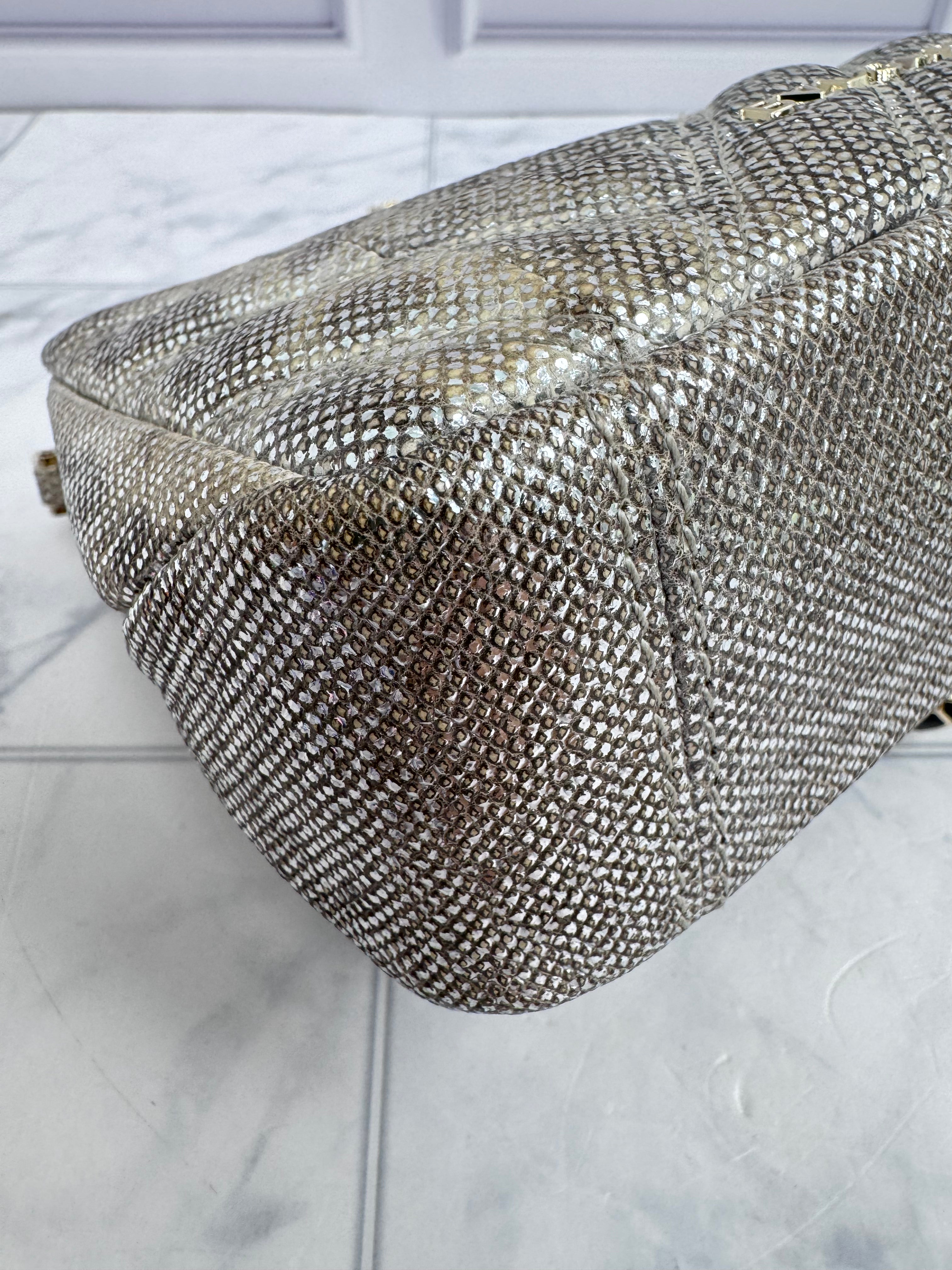 Bvlgari Silver Metallic Foiled Snake Skin Serpenti Cabochon Chain Shoulder Bag