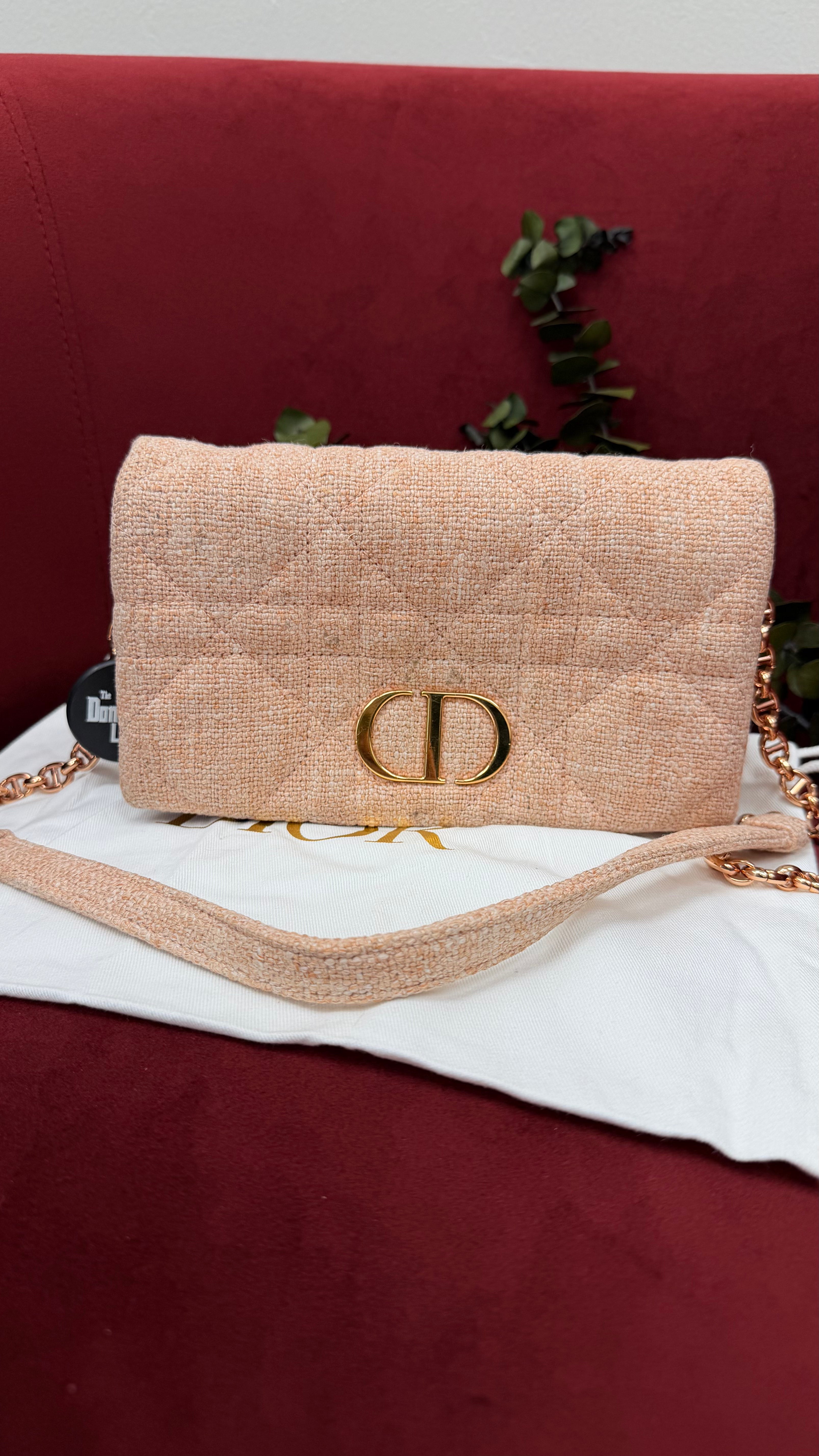 Christian Dior Pink Quilted Linen Small Caro Chain Bag