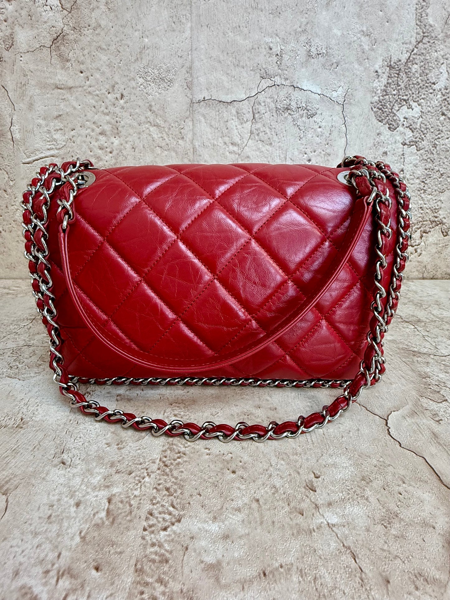 Chanel Red Crinkle Leather Running Chain Medium Single Flap