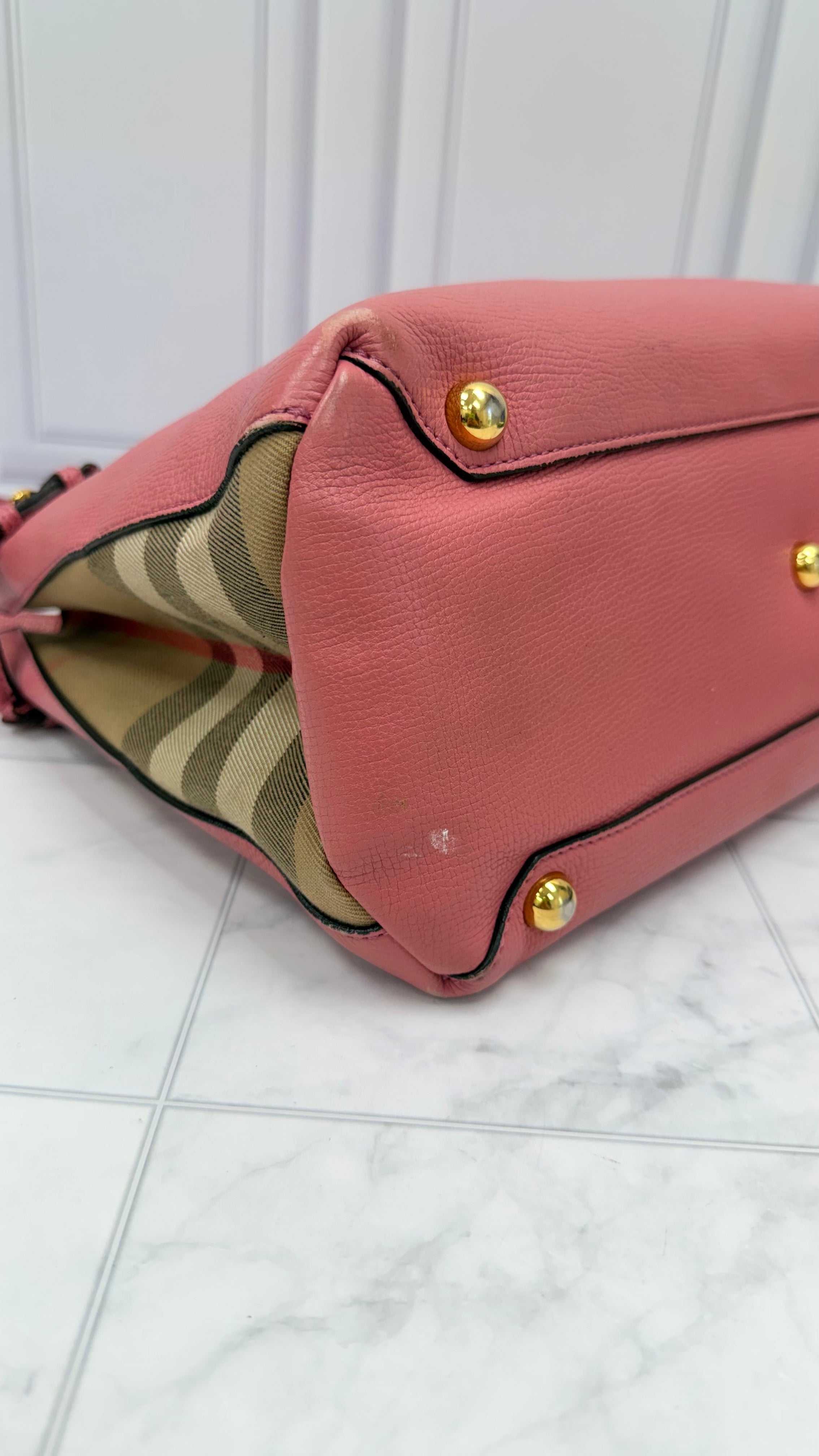 Burberry Pink Leather Nova Check Banner Tote