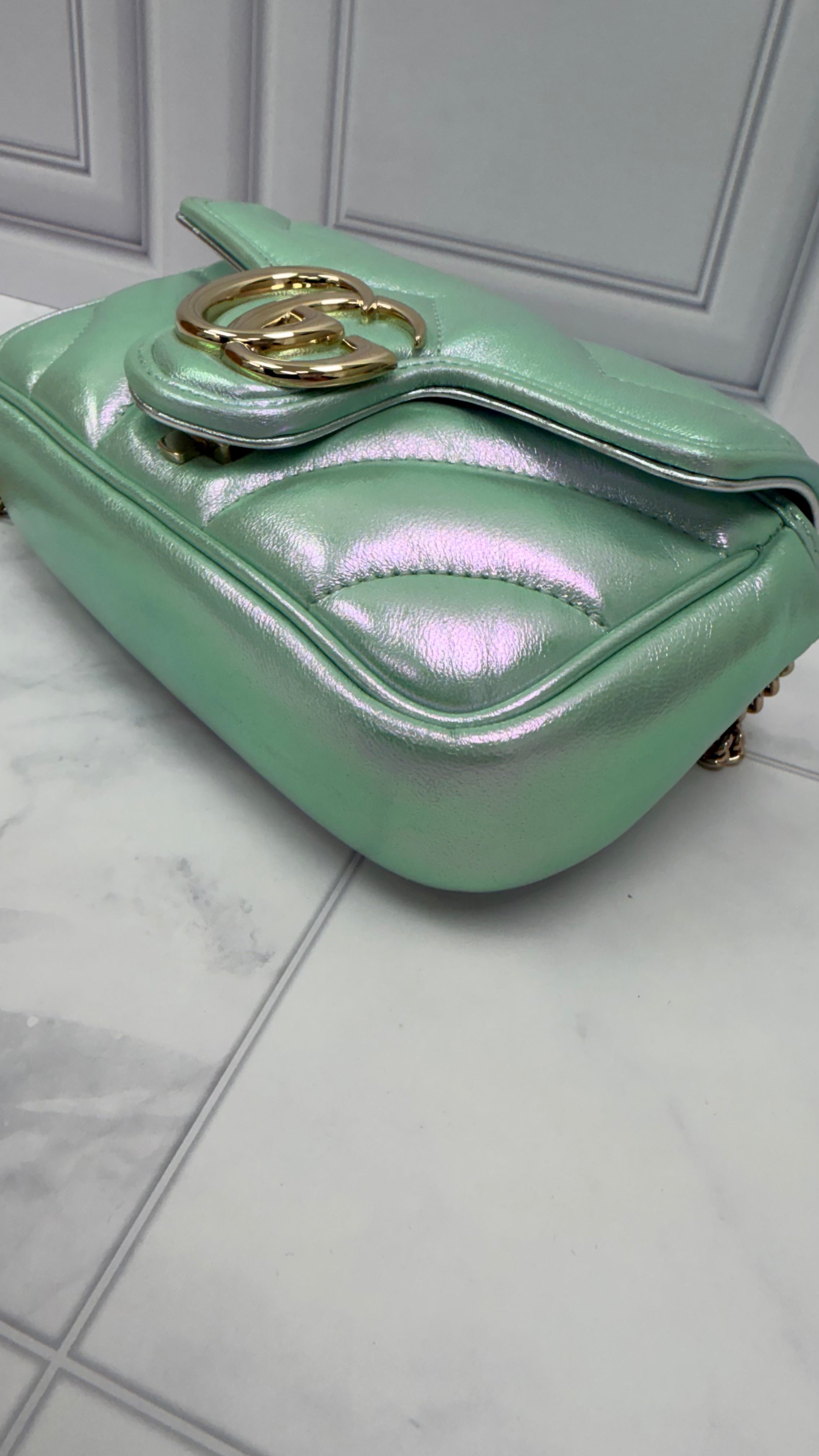 *DONS DROP* Gucci Iridescent Green Nappa Leather Super Mini Marmont Flap Bag