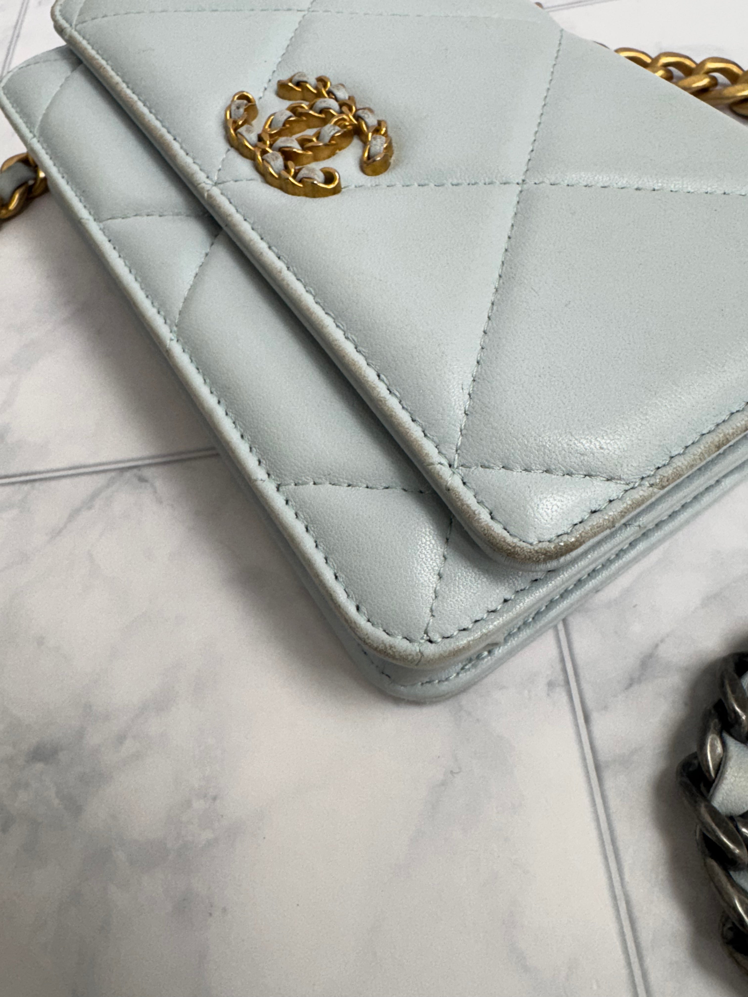 *DONS DROP* Chanel Light Blue Lambskin Quilted Leather Chanel 19 Wallet On A Chain