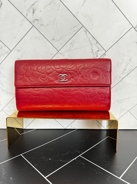 Chanel Red Lambskin Camellia Embossed Long Wallet