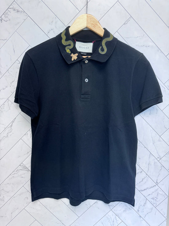 Gucci Black Snake & Bee Embroidered Polo Size Medium