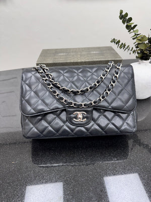 Chanel Black Diamond Quilted Caviar Leather Jumbo Classic Double Flap Bag