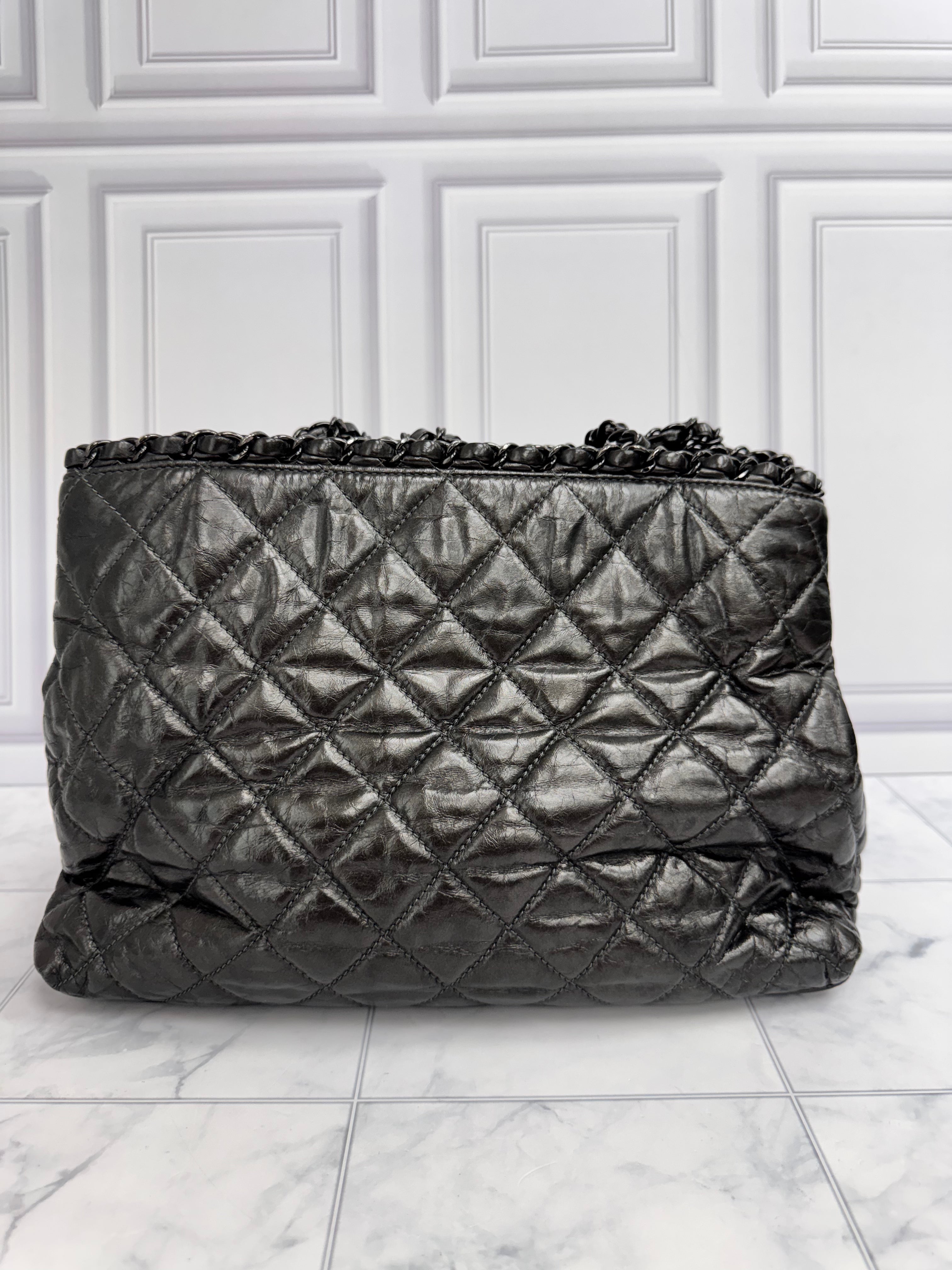 Chanel Metallic Gunmetal Diamond Quilted Leather Chain Me Small Tote Bag