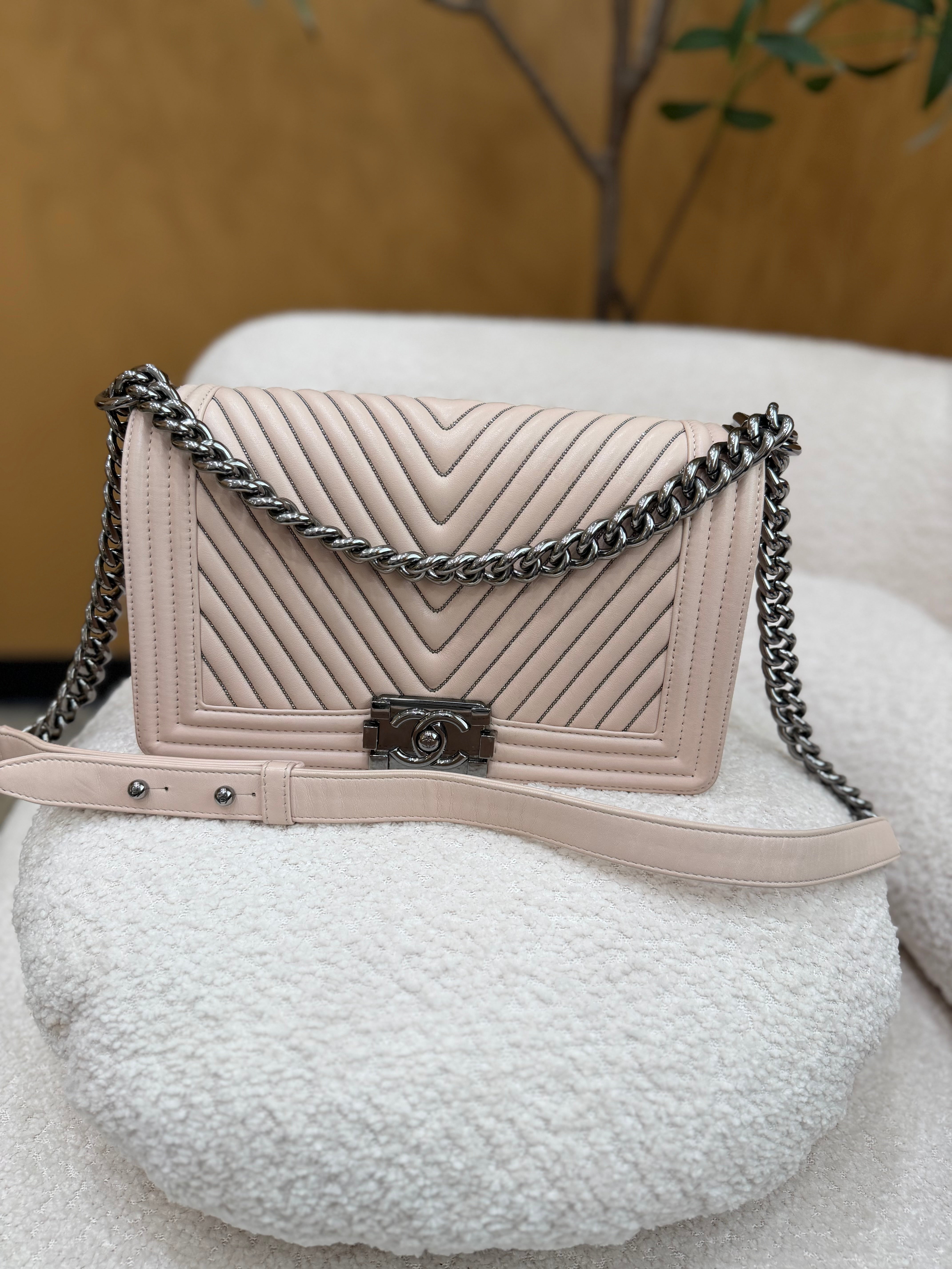 Chanel Light Pink Bead Quilted Calfskin  Medium Boy Bag