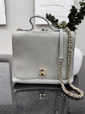 Chanel Grey Diamond Quilted CC Double Pocket Top Handle Bag