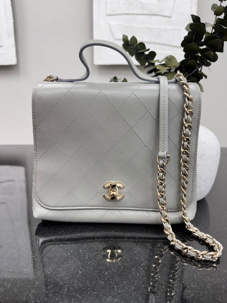 Chanel Grey Diamond Quilted CC Double Pocket Top Handle Bag