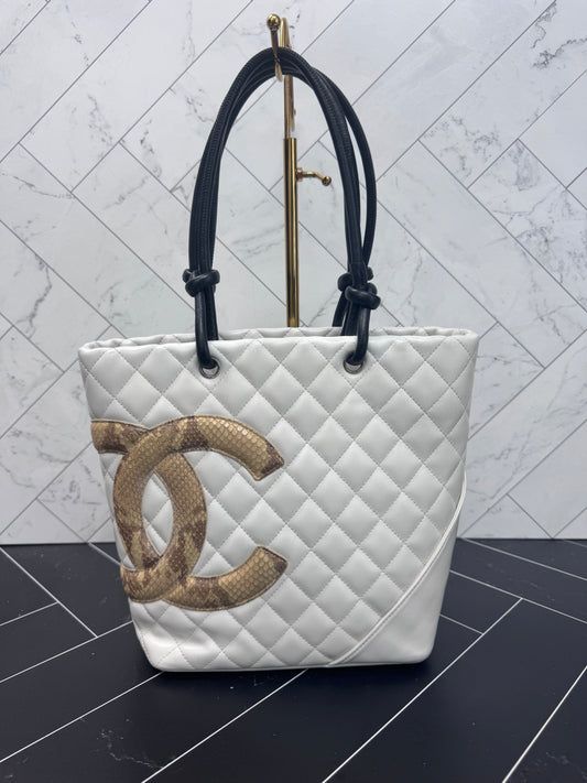 Chanel White Quilted Lambskin Python Medium Cambon Bucket Tote