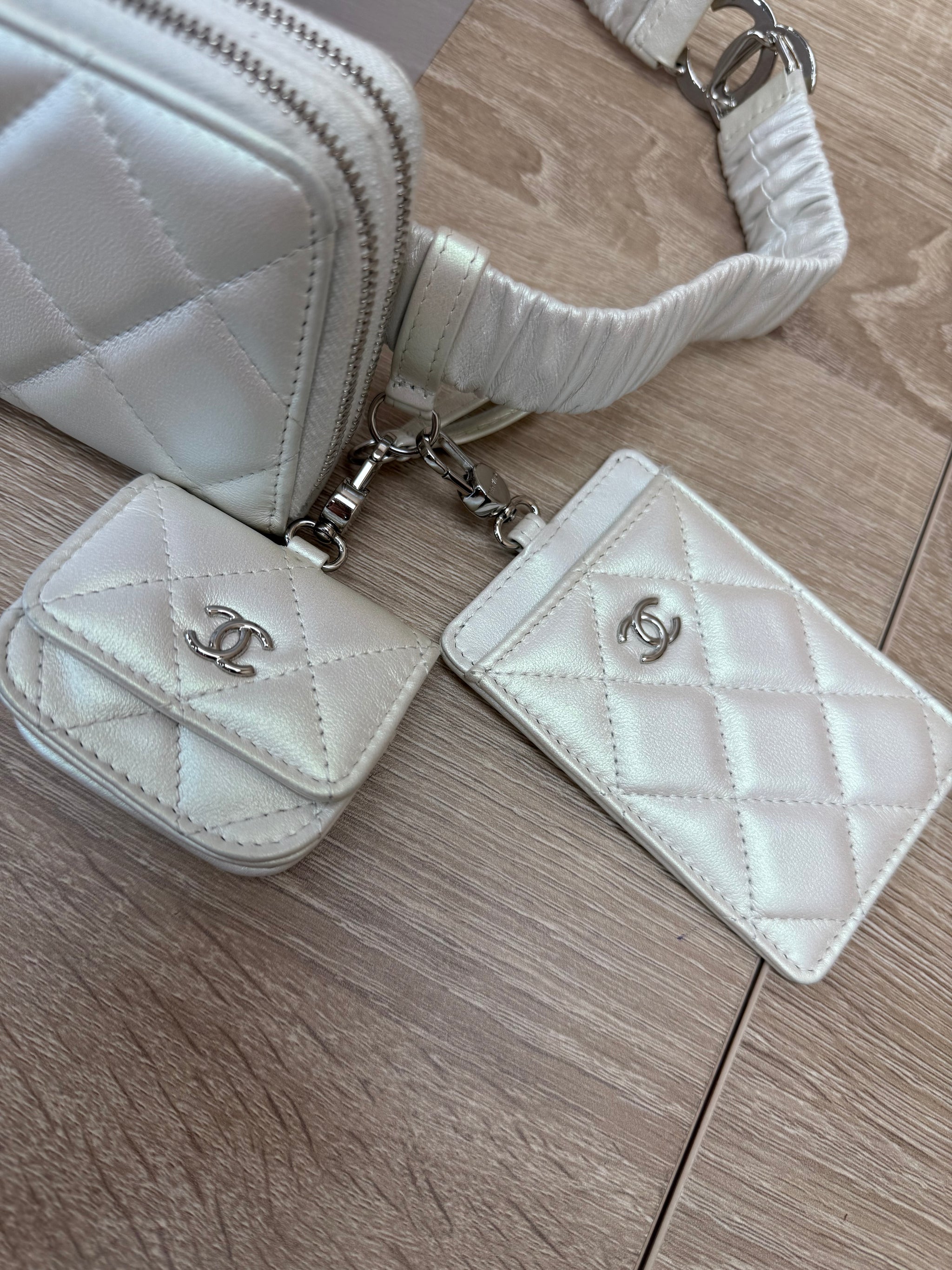 LIKE NEW Chanel White Iridescent Calfskin Leather Coco Belt Bag