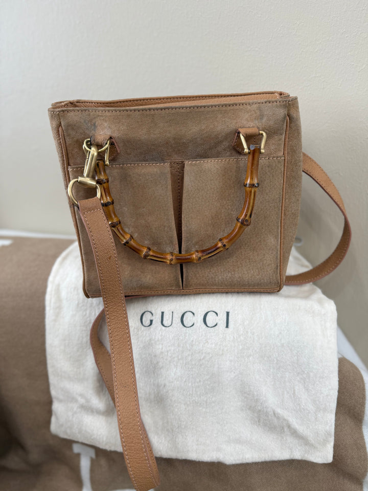 Gucci Tan Suede Bamboo Handle 2Way Bag