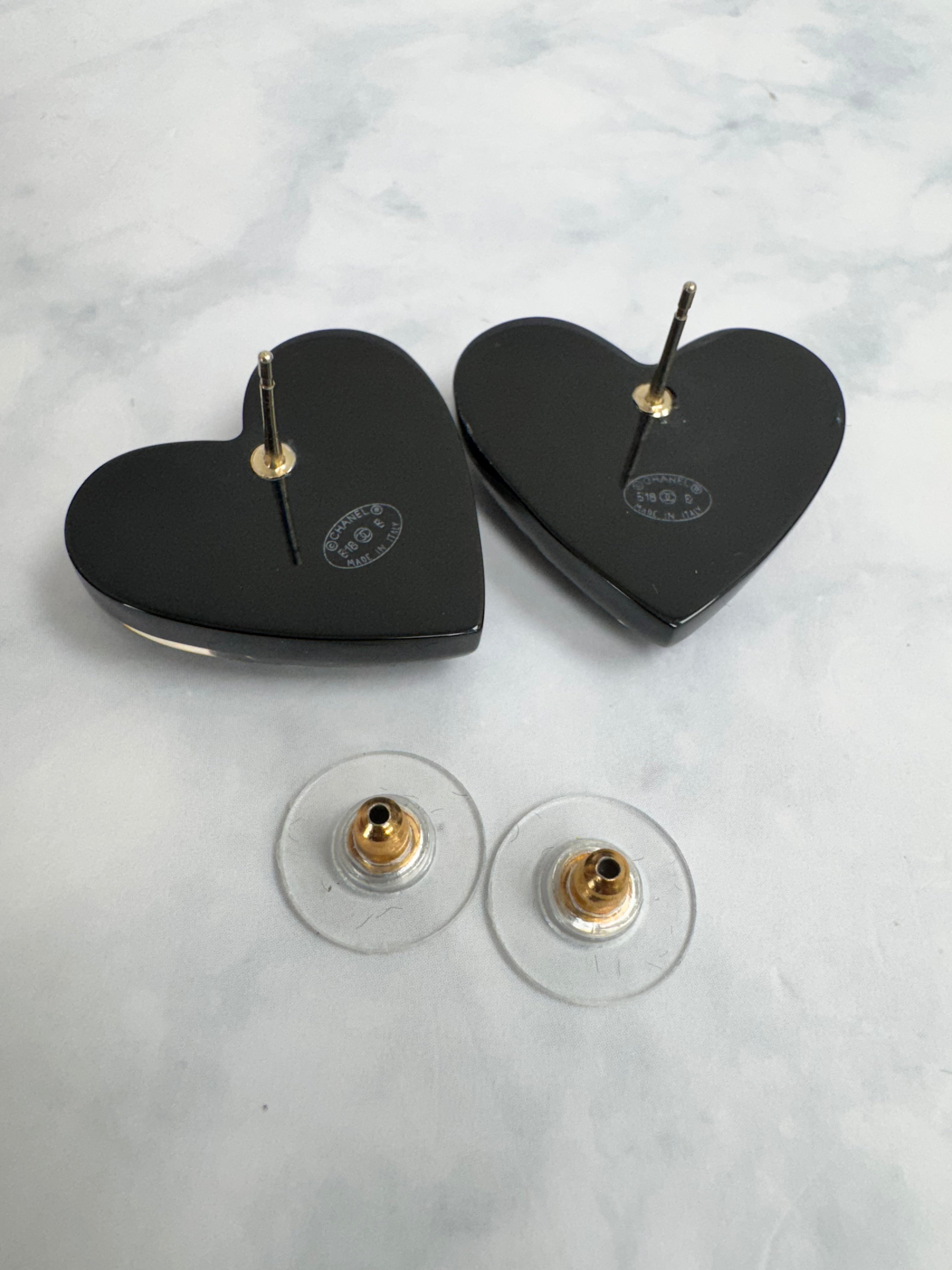 Chanel Black And Gold Resin CC Heart Earrings