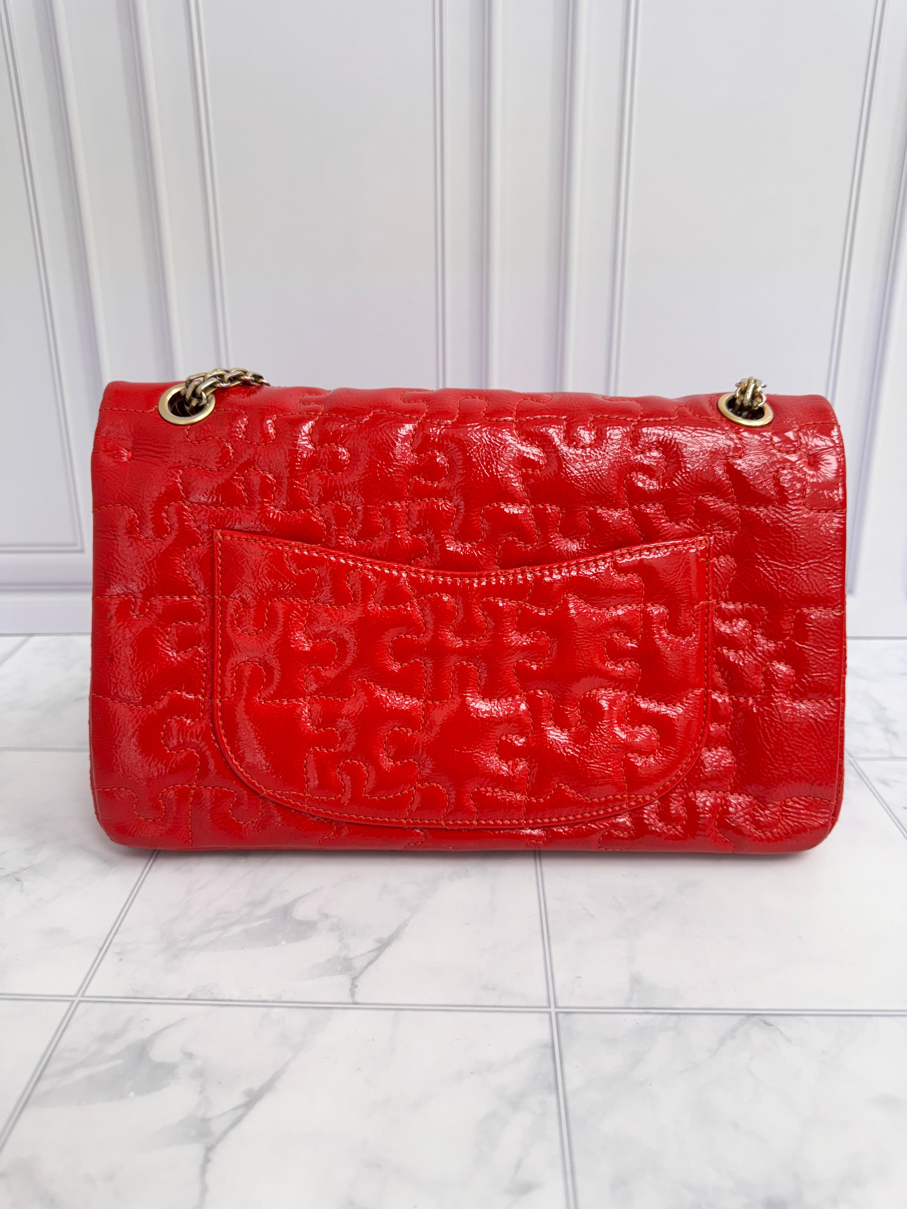 Chanel Red Puzzle Quilted Patent Leather Reissue 2.55 Shoulder Bag