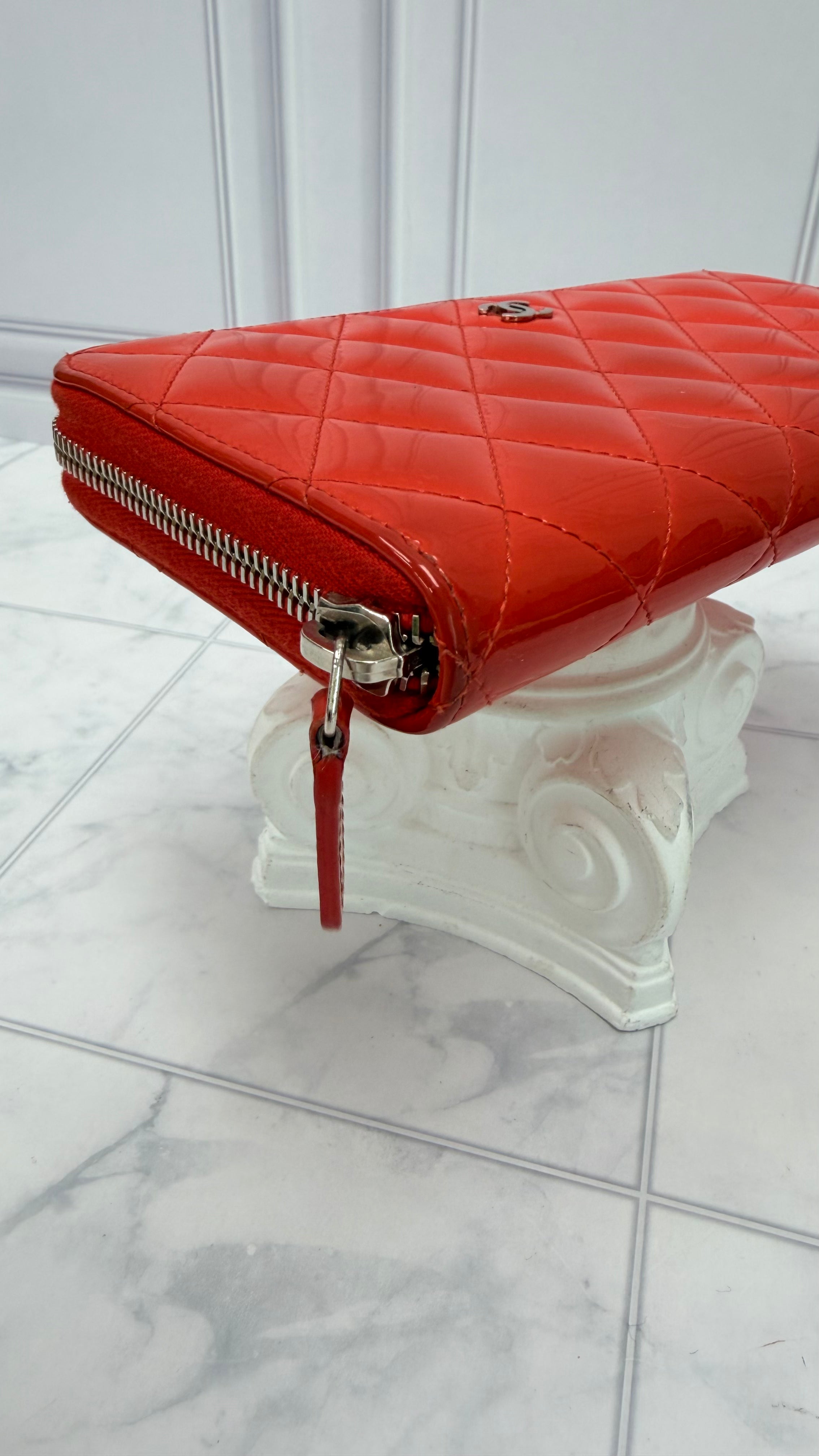 Chanel Red Patent Leather Quilted Zippy Wallet