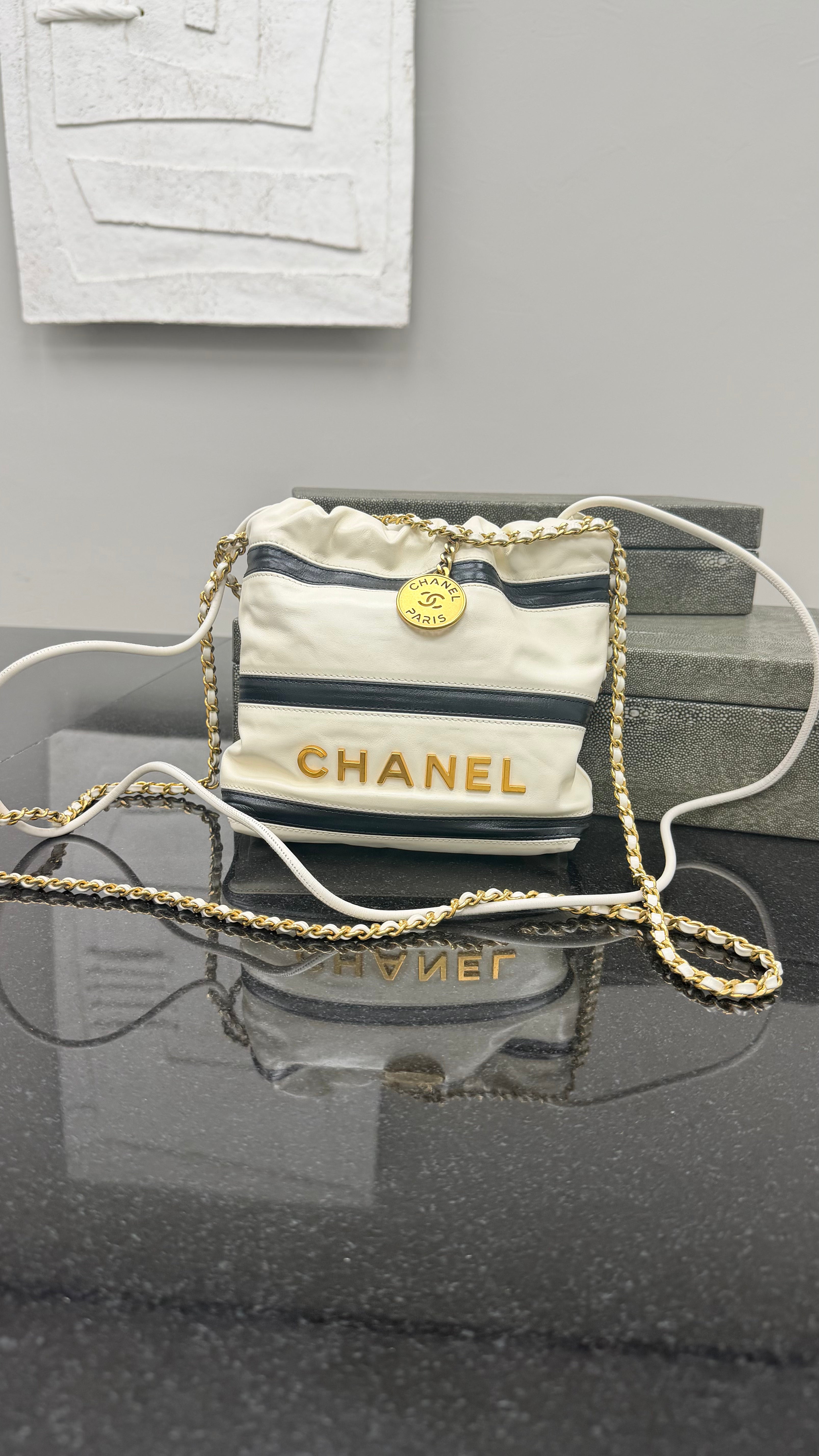 *DONS DROP* Chanel White & Black Shiny Calfskin Mini Chanel 22 Bag