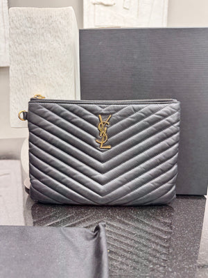Saint Laurent YSL Black Chevron Quilted Leather Clutch Bag