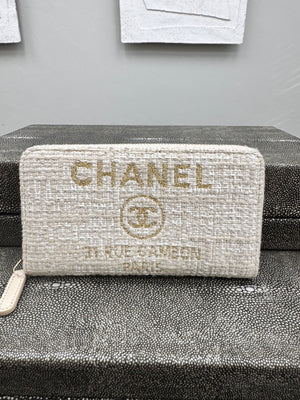 Chanel Beige Tweed Deauville Compact Zippy Wallet