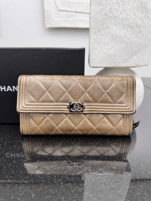 Chanel Bronze Quilted Lambskin Leather Boy Flap Long Wallet