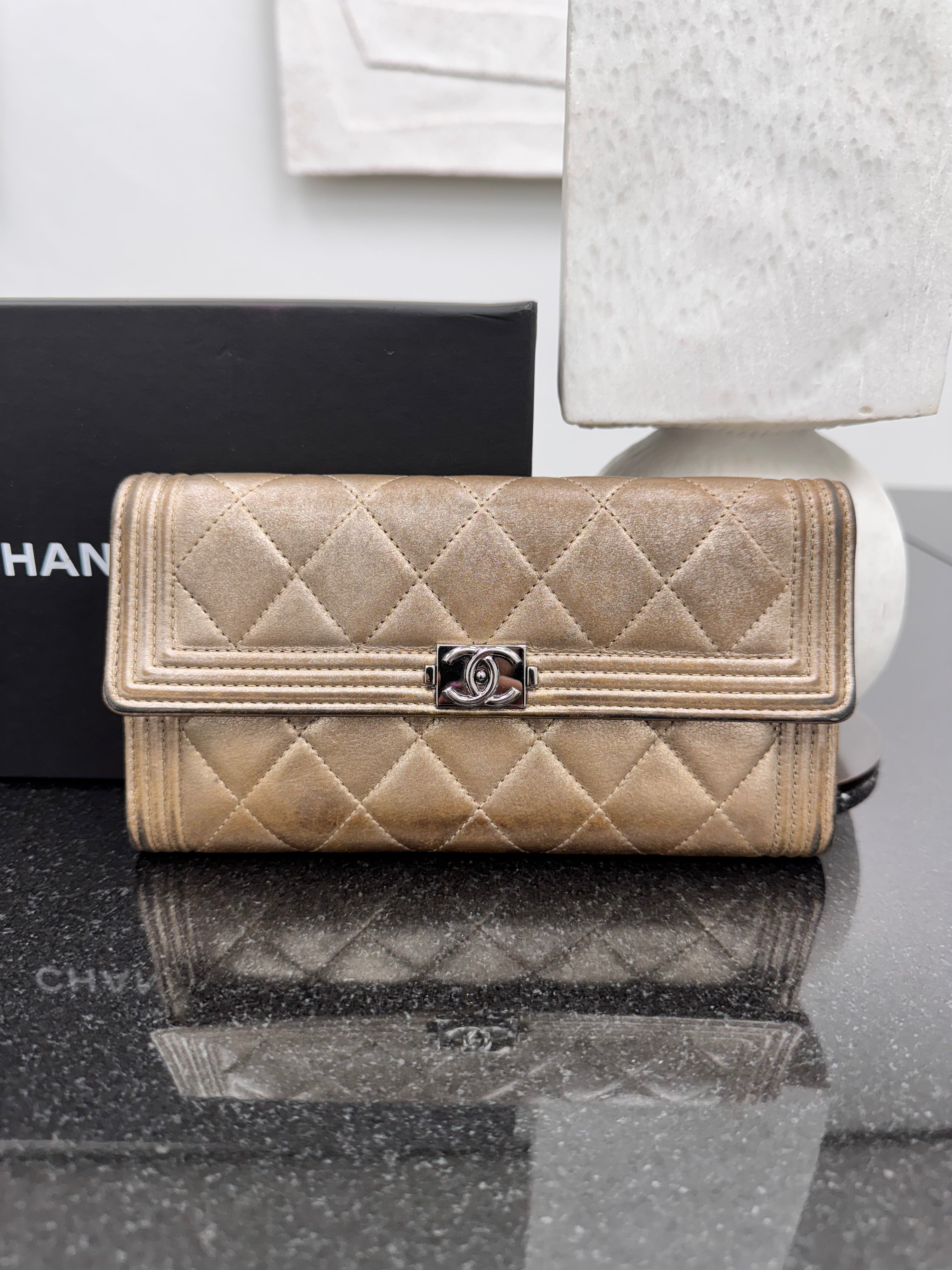 Chanel Bronze Quilted Lambskin Leather Boy Flap Long Wallet