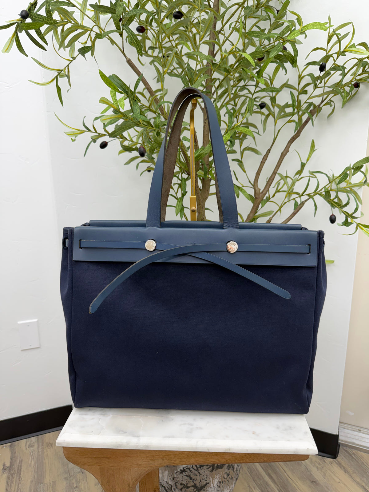 Hermes Navy Toile & Leather Herbag Cabas MM