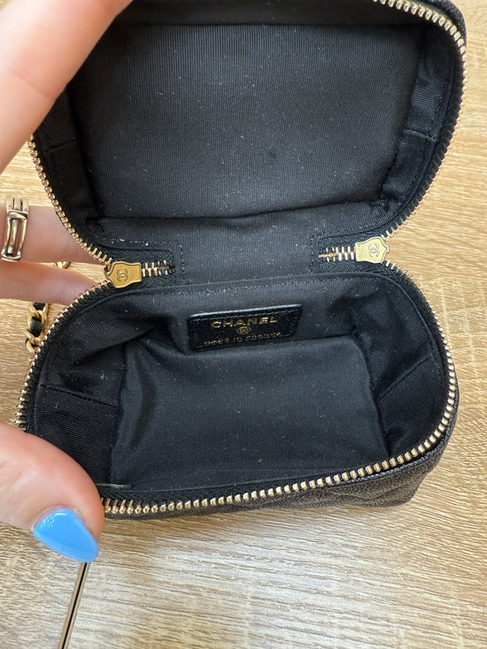 Chanel Black Caviar Quilted Mini Top Handle Vanity With Chain