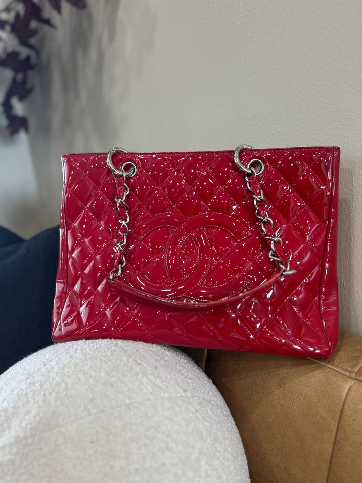 Chanel Red Quilted Patent Leather Grand Shopping Tote Bag