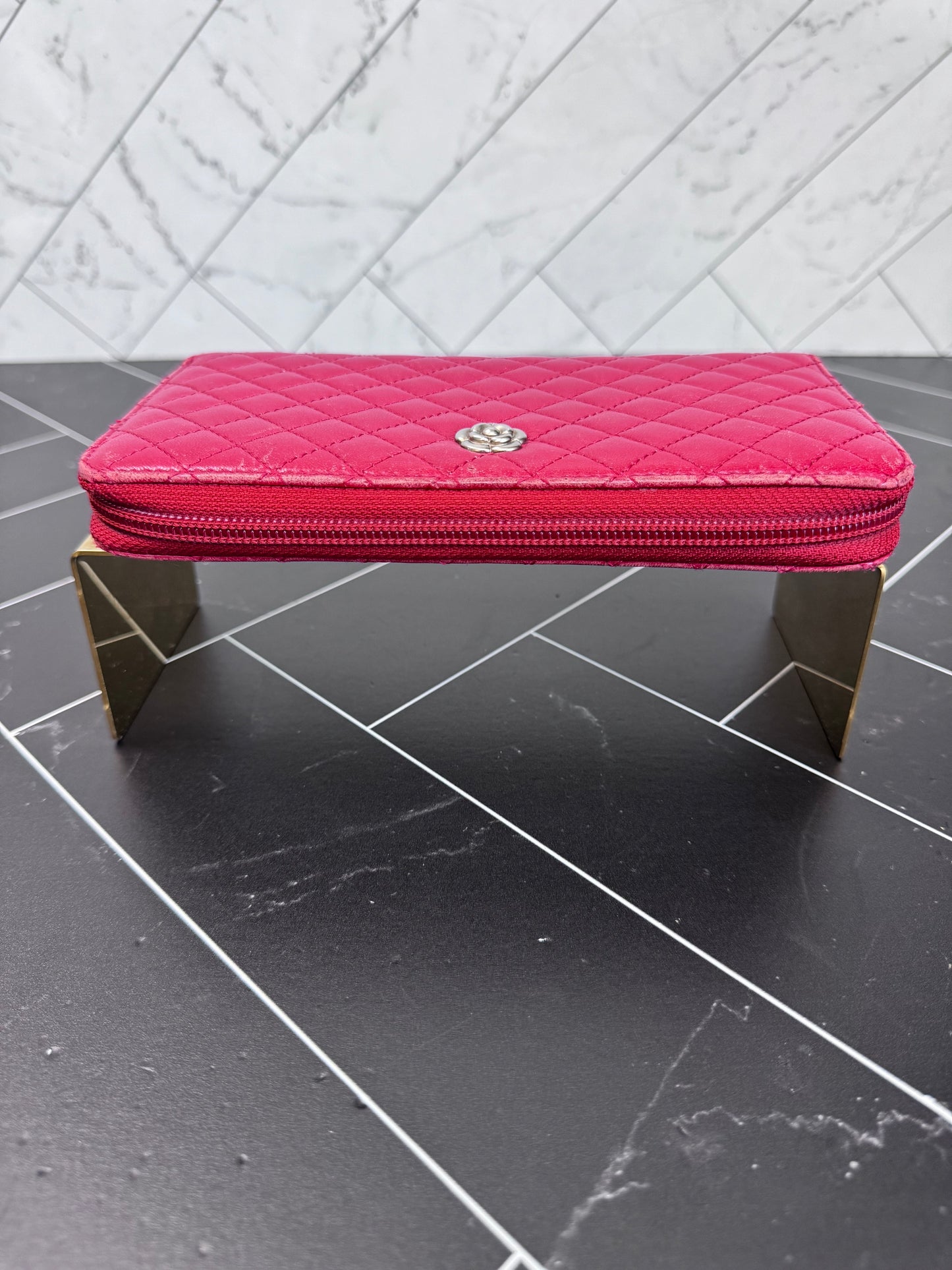 Chanel Red Lambskin Quilted Zippy Wallet