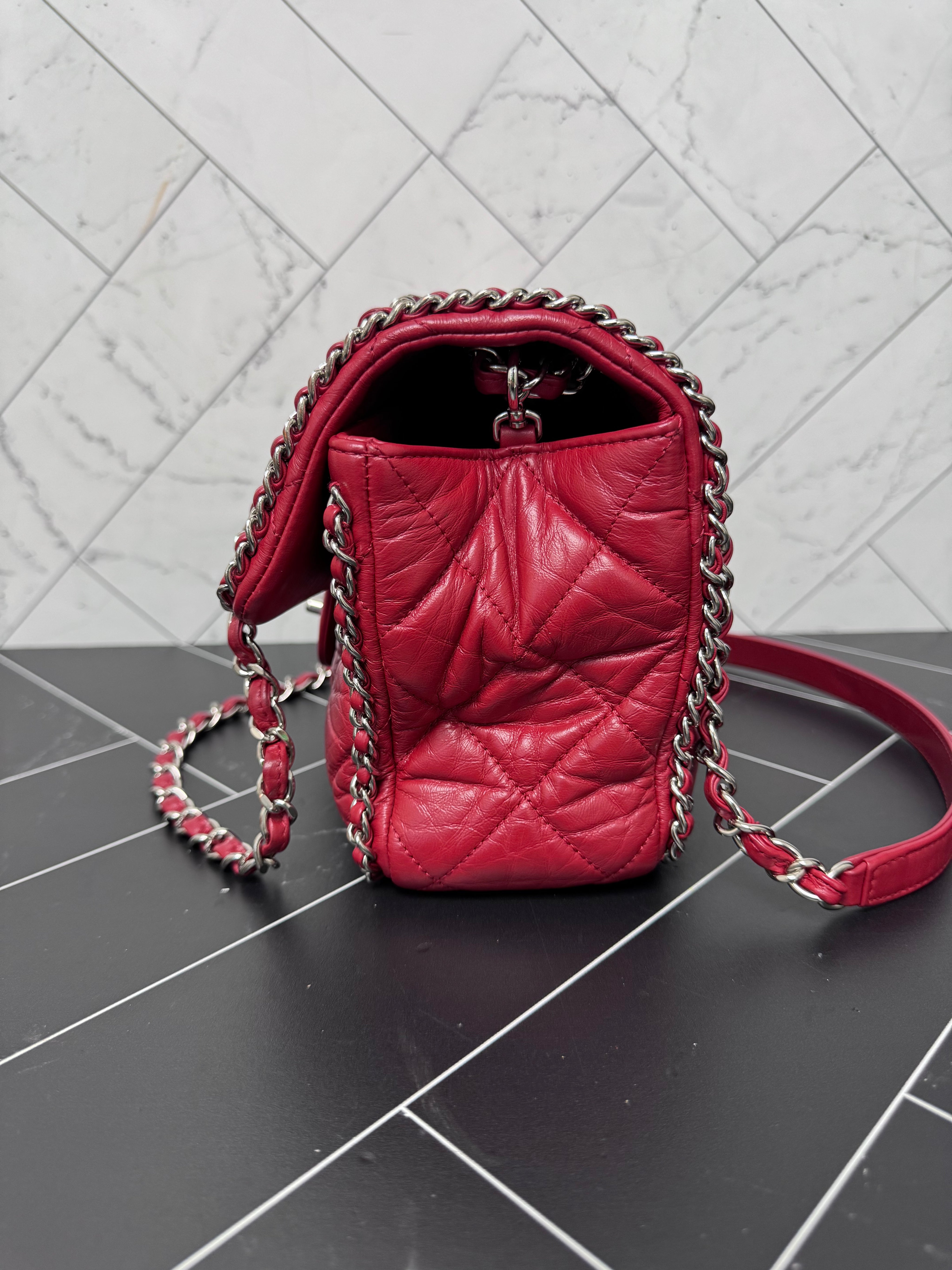 Chanel Red Crinkle Leather Running Chain Medium Single Flap