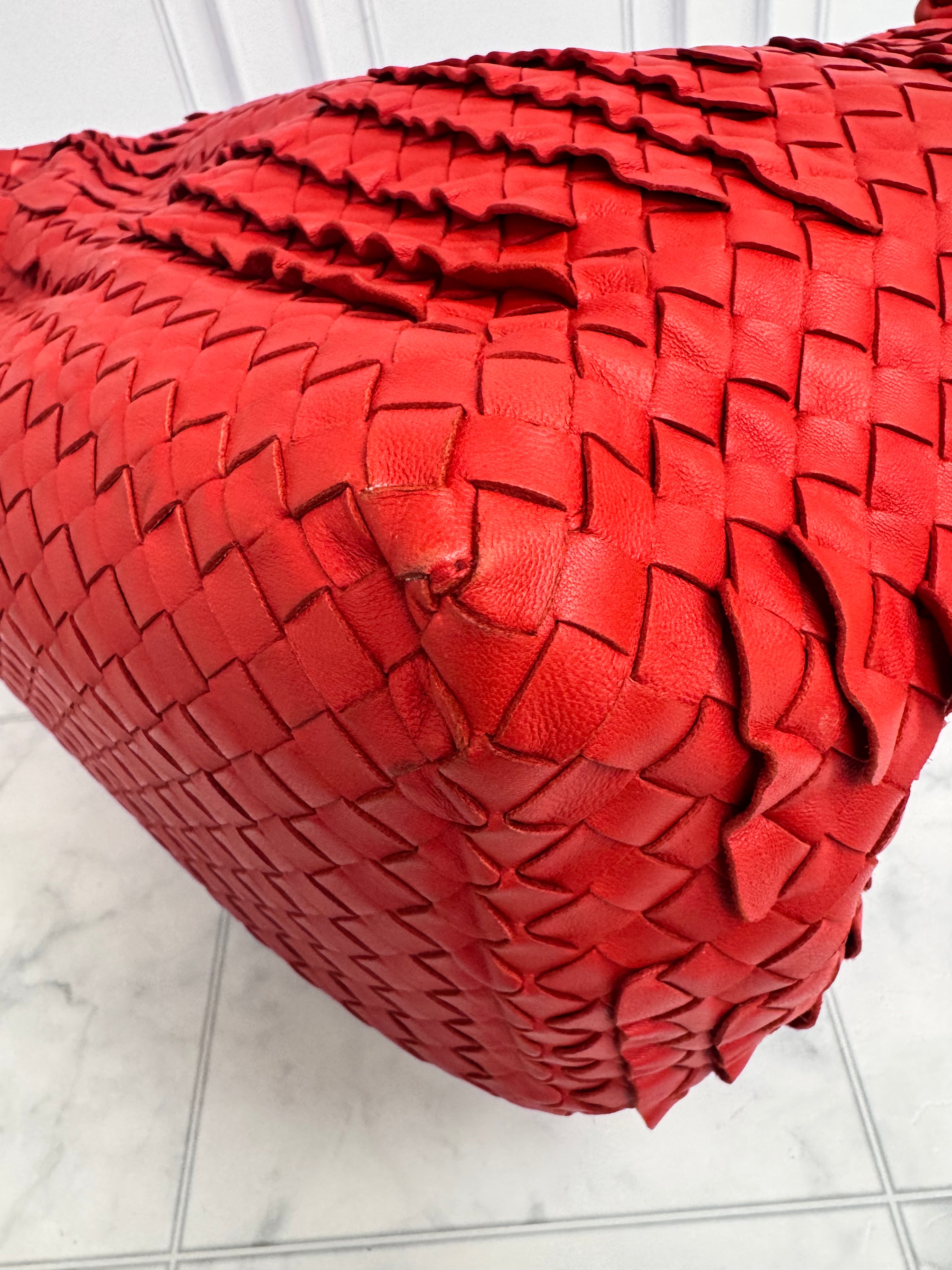 Bottega Veneta Red Intrecciato Leather Ruffle Tote