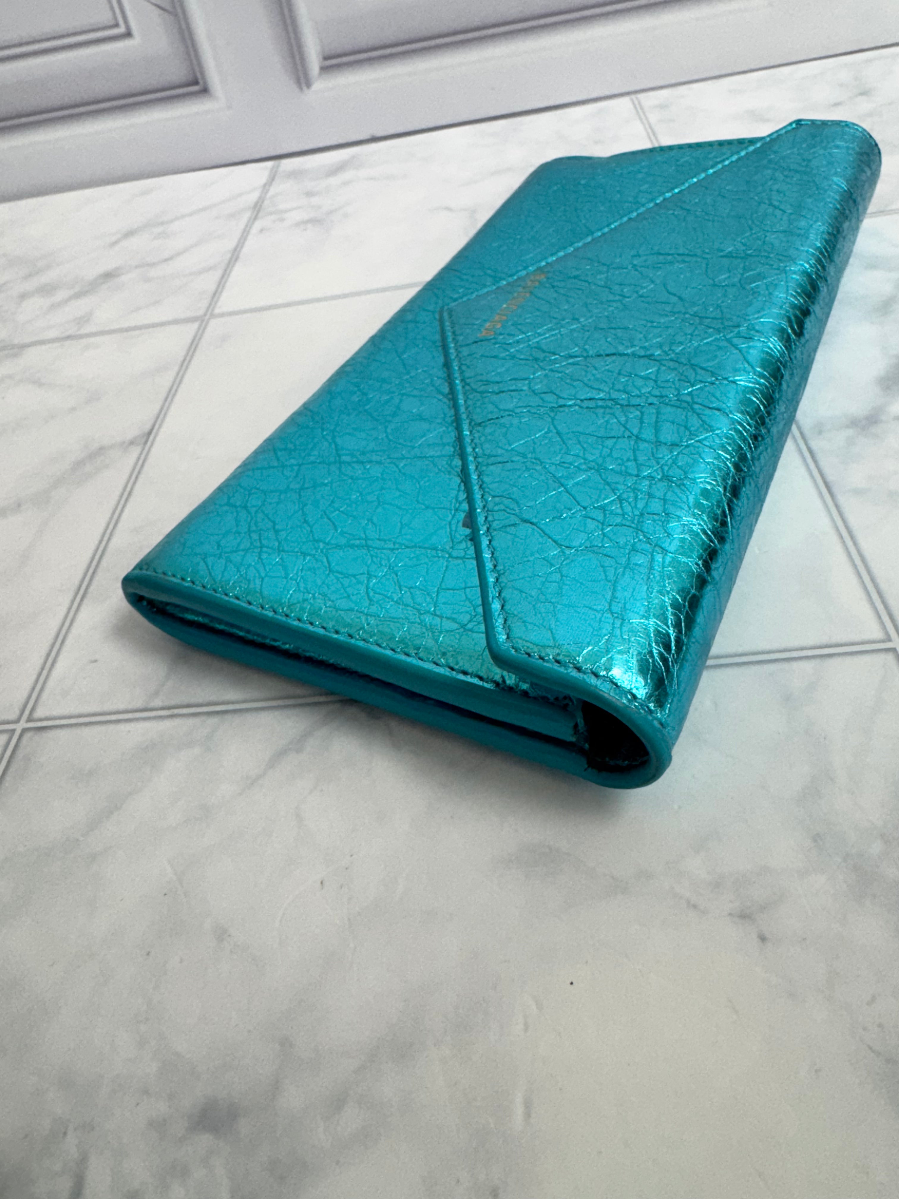 Balenciaga Metallic Turquoise Grained Leather Papier Long Wallet