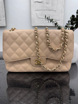 Chanel Beige Quilted Caviar Leather Jumbo Double Flap Bag