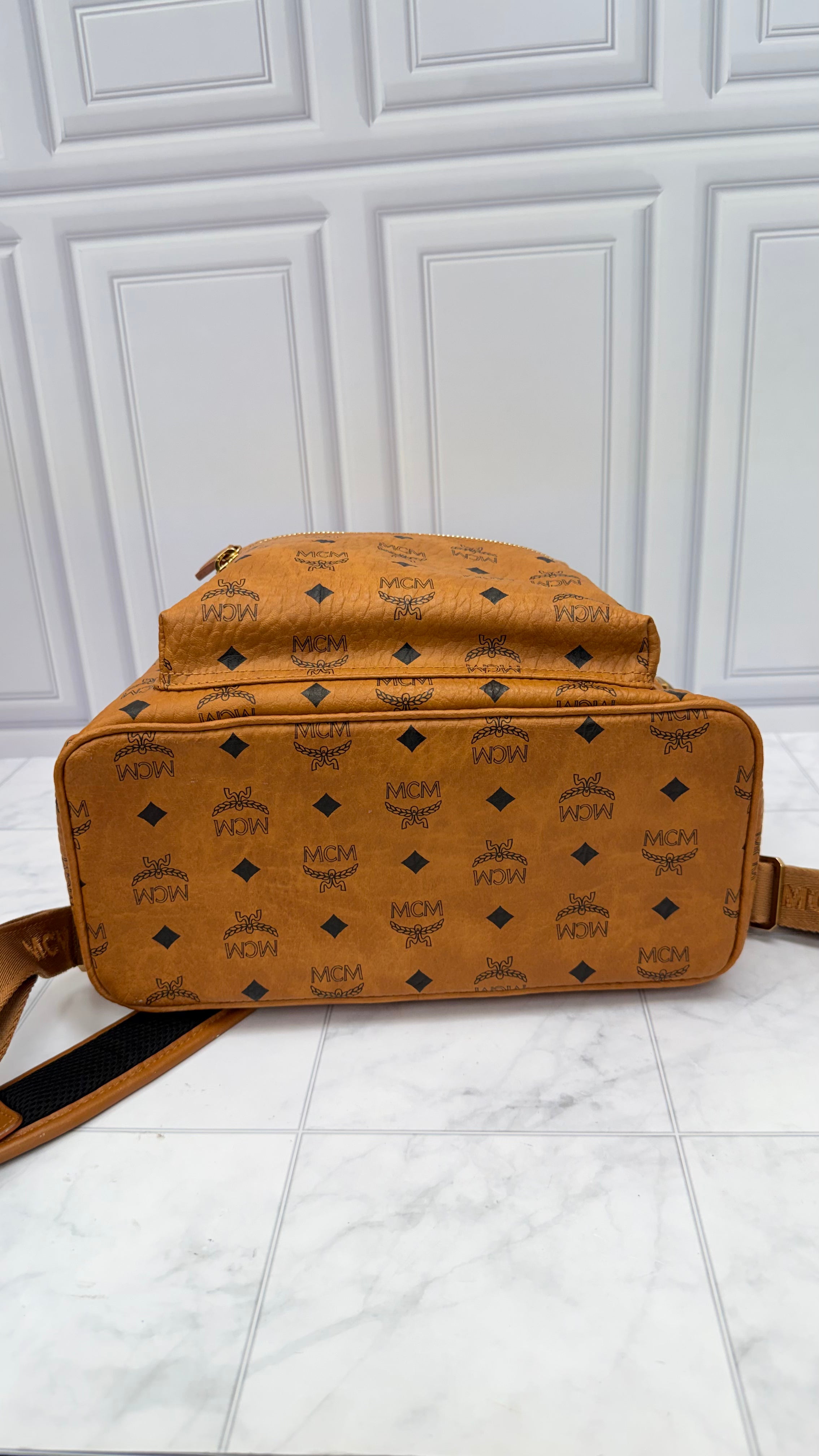 MCM Cognac Visetos Leather Side Studded Large Backpack
