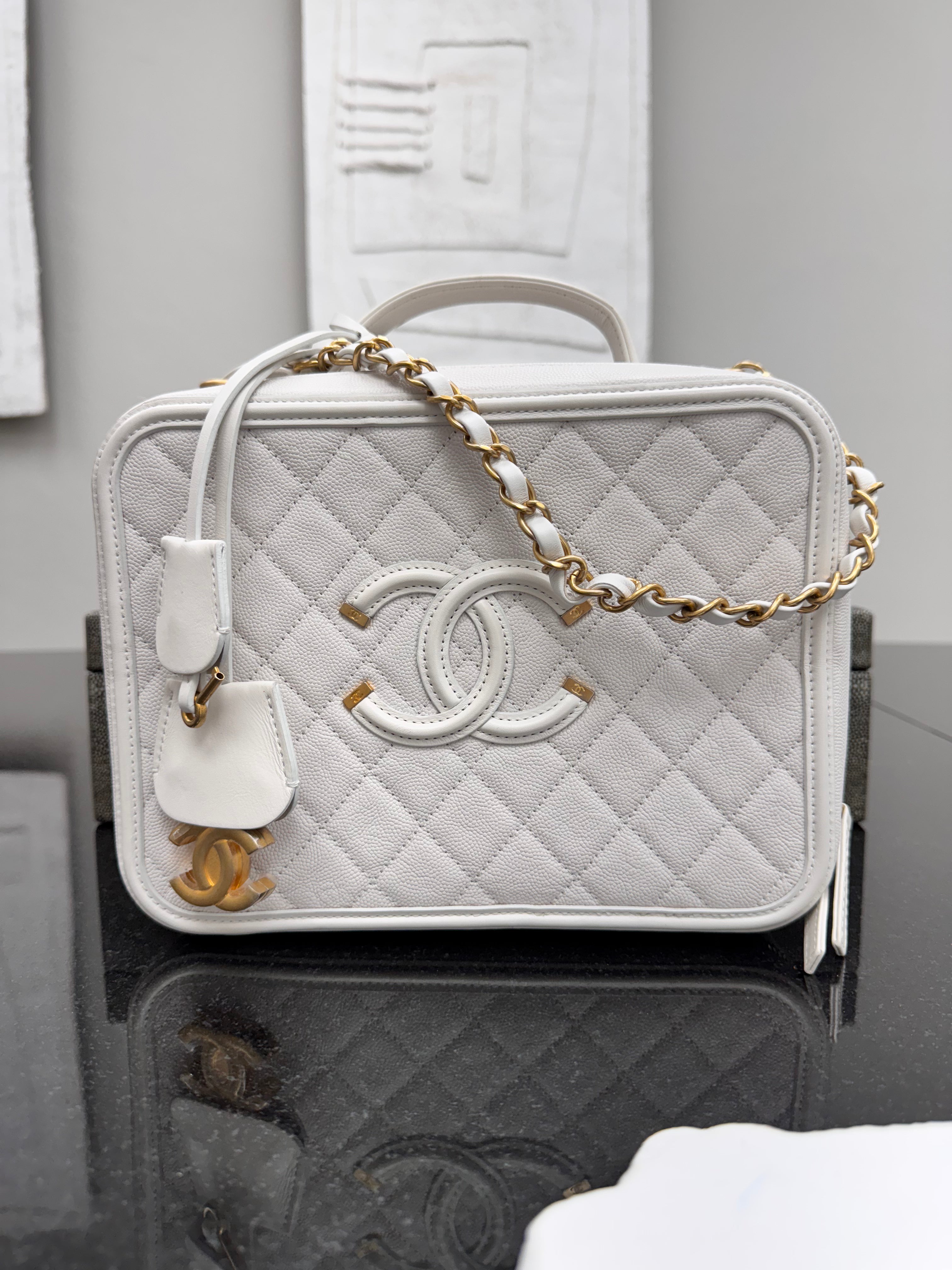 LIKE NEW - Chanel White Diamond Quilted Caviar Leather Large Filigree Vanity Case