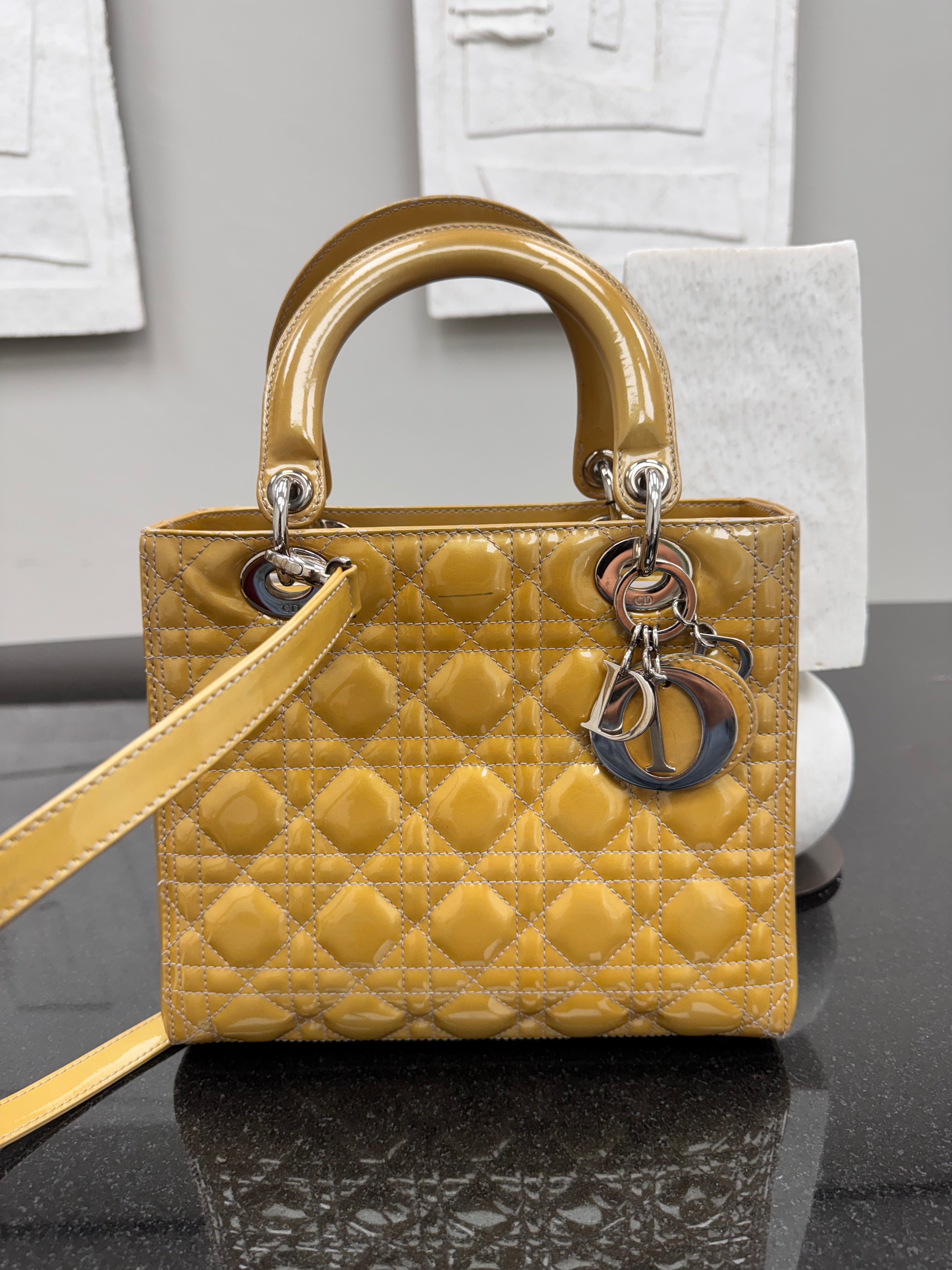 Christian Dior Yellow Cannage Patent Leather Medium Lady Dior