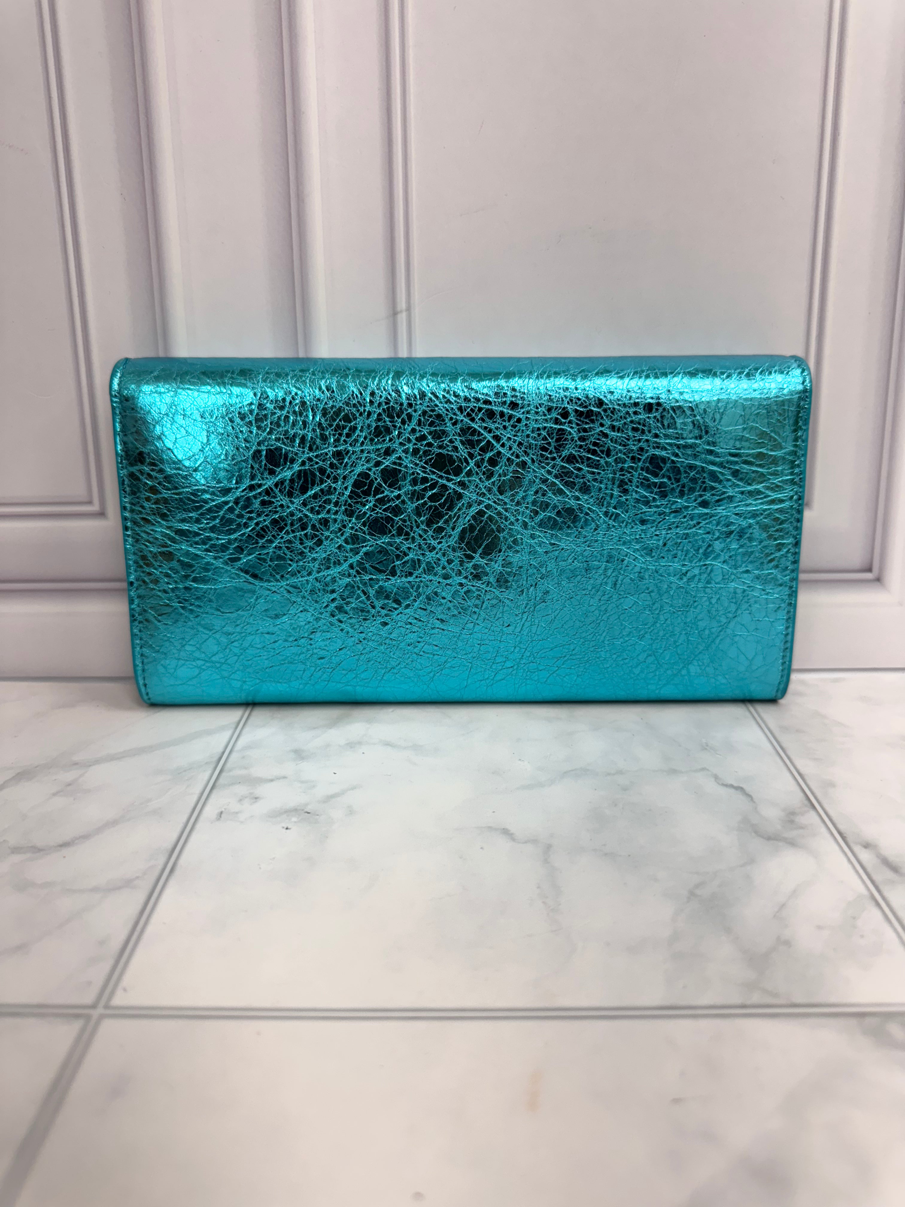 Balenciaga Metallic Turquoise Grained Leather Papier Long Wallet