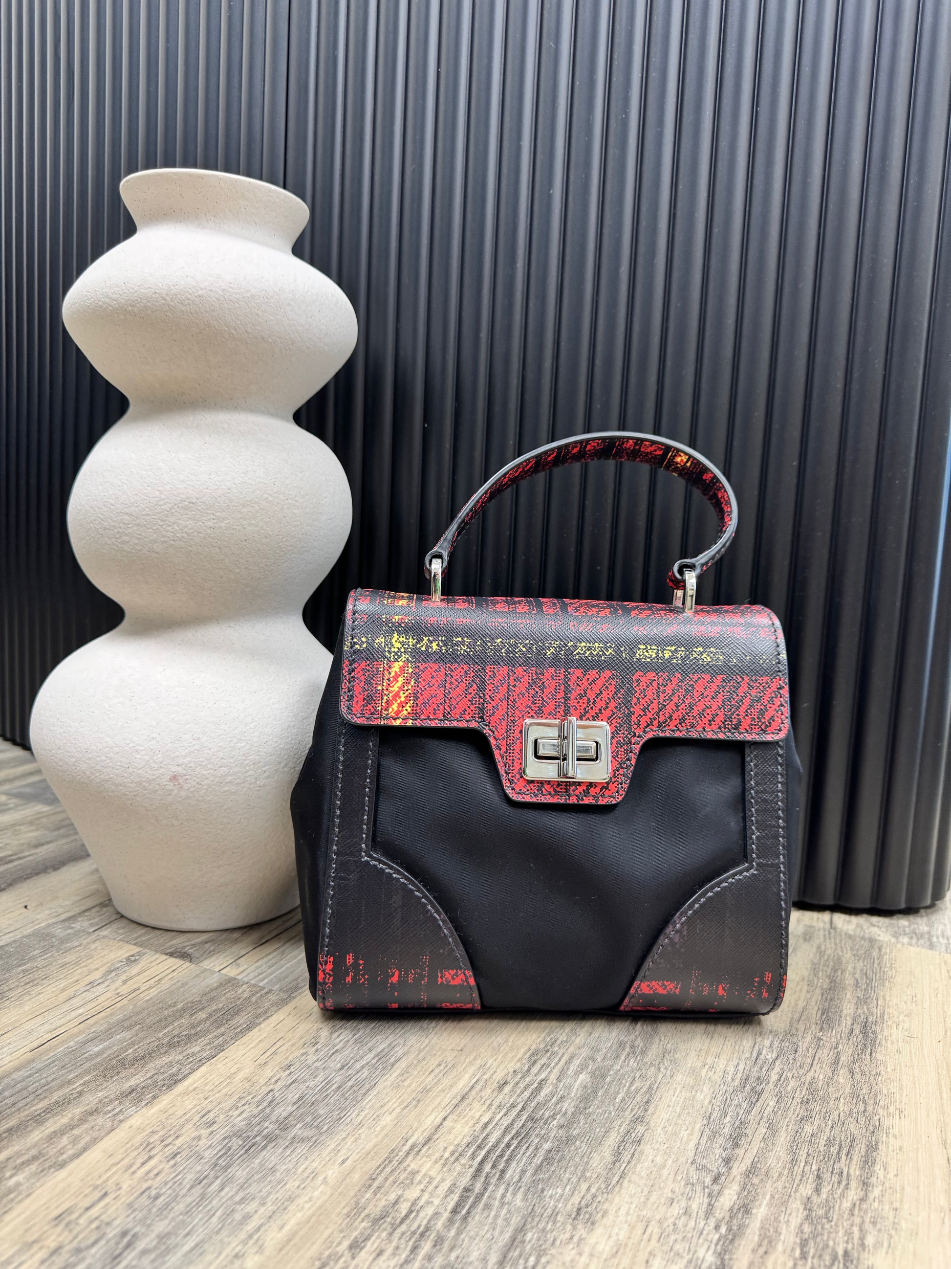 Prada Printed Saffiano Leather with Tessuto Small Turn Lock Top Handle Bag