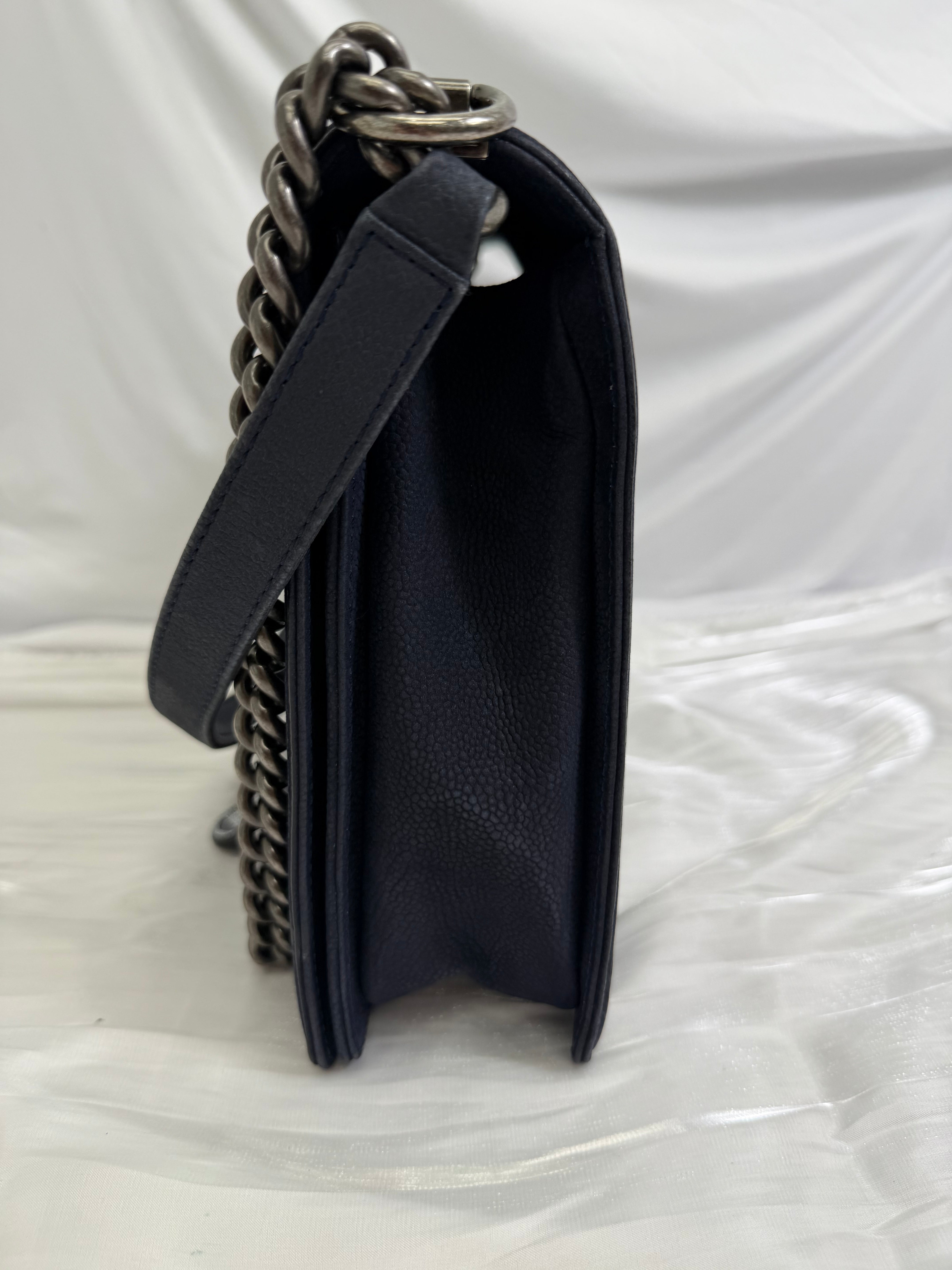 Chanel Navy Quilted Caviar Large Boy Bag