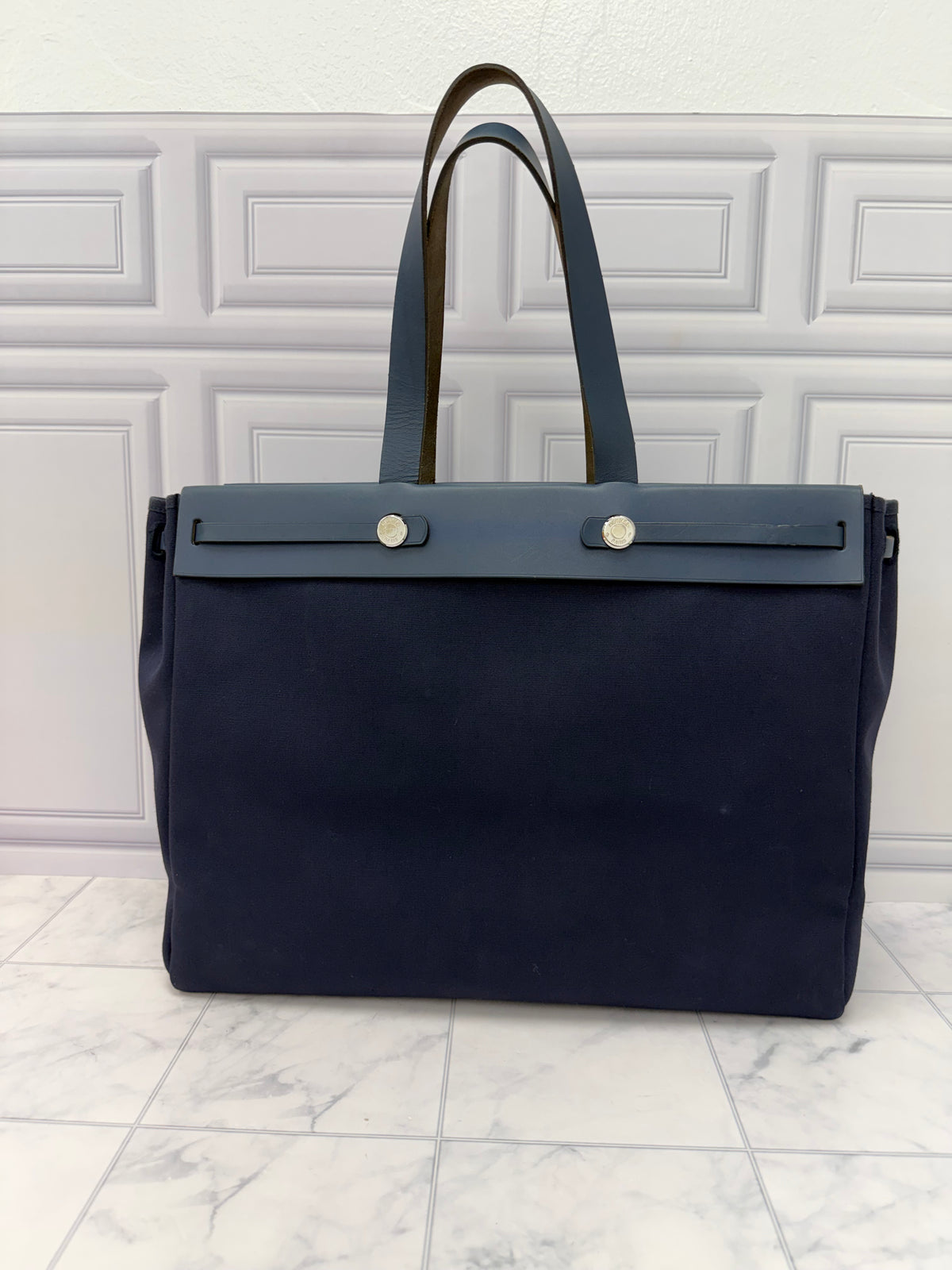 Hermes Navy Toile & Leather Herbag Cabas MM