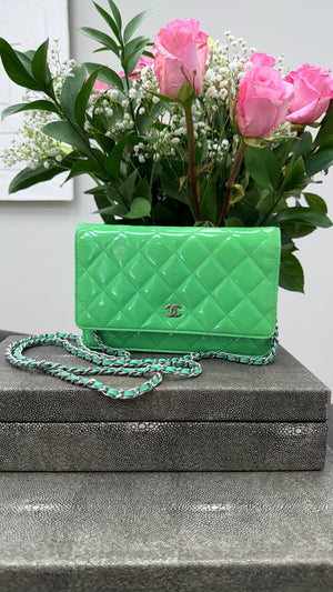 Chanel Seafoam Green Quilted Patent Leather Wallet on a Chain