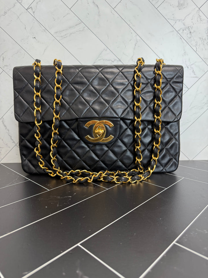 Chanel Vintage 24k Gold Black Lambskin Quilted Square Jumbo Single Flap Bag