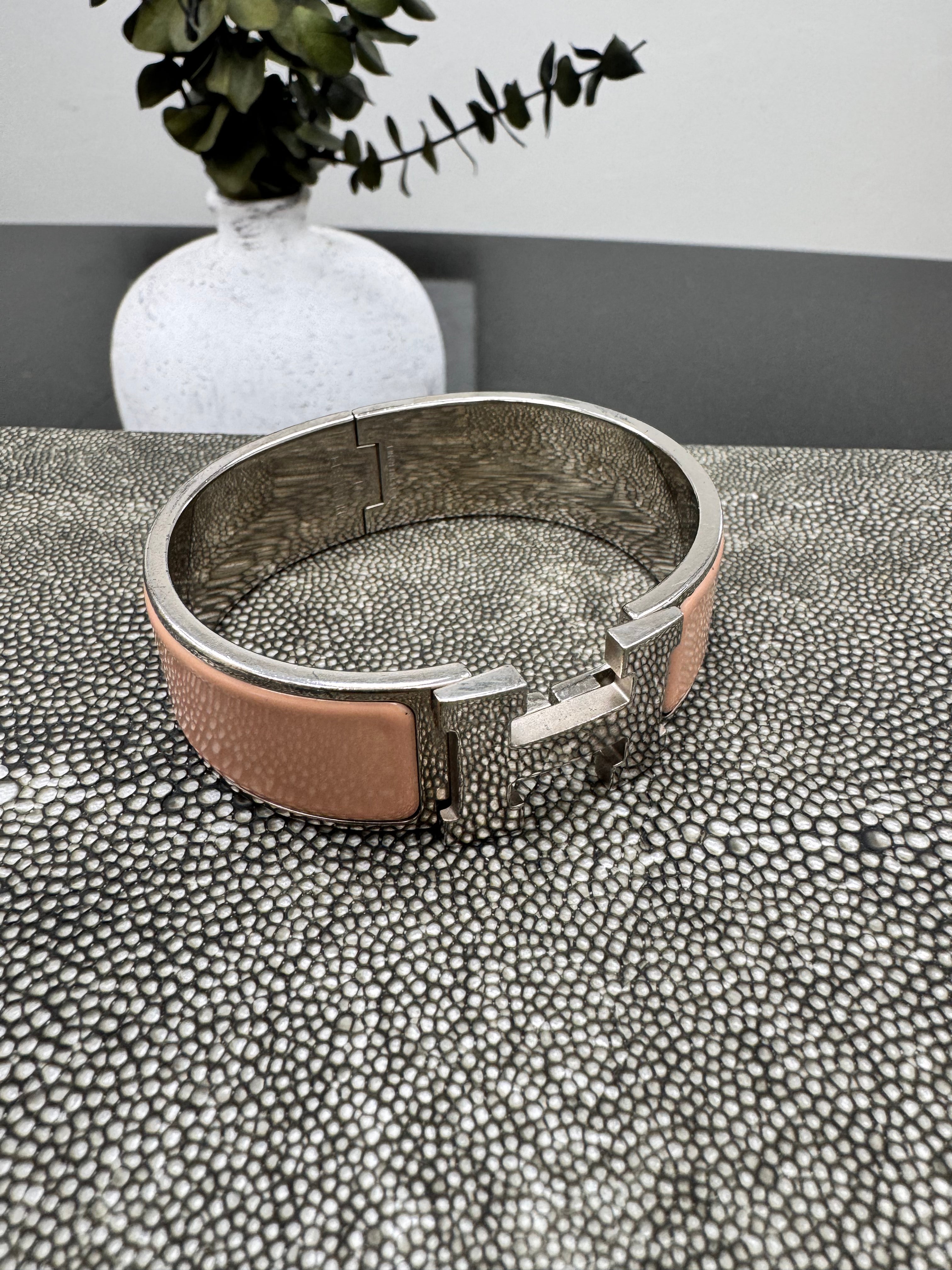 Hermes Wide Pink And Silver Clic H Bracelet