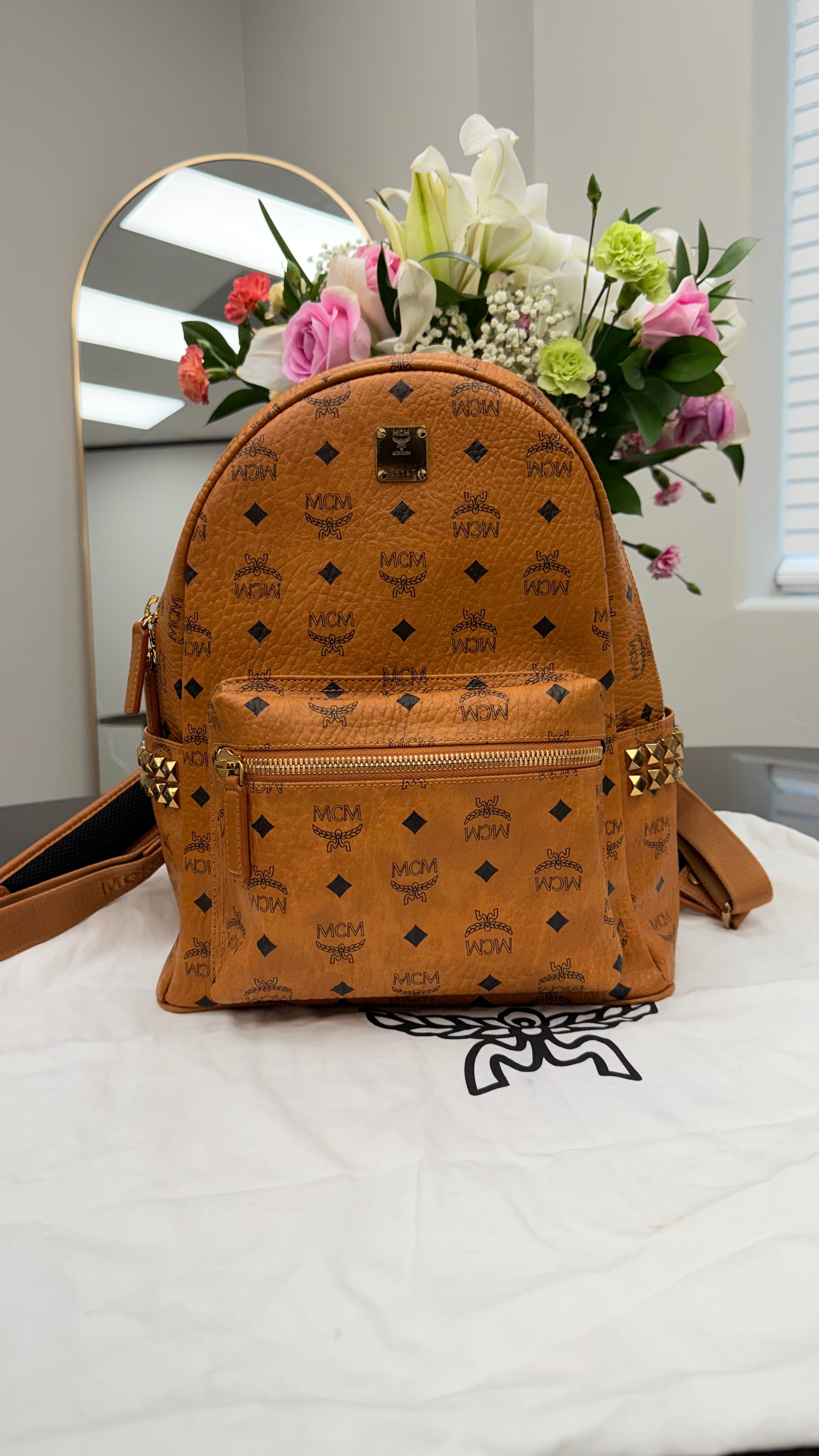 MCM Cognac Visetos Leather Side Studded Large Backpack