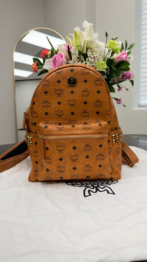 MCM Cognac Visetos Leather Side Studded Large Backpack